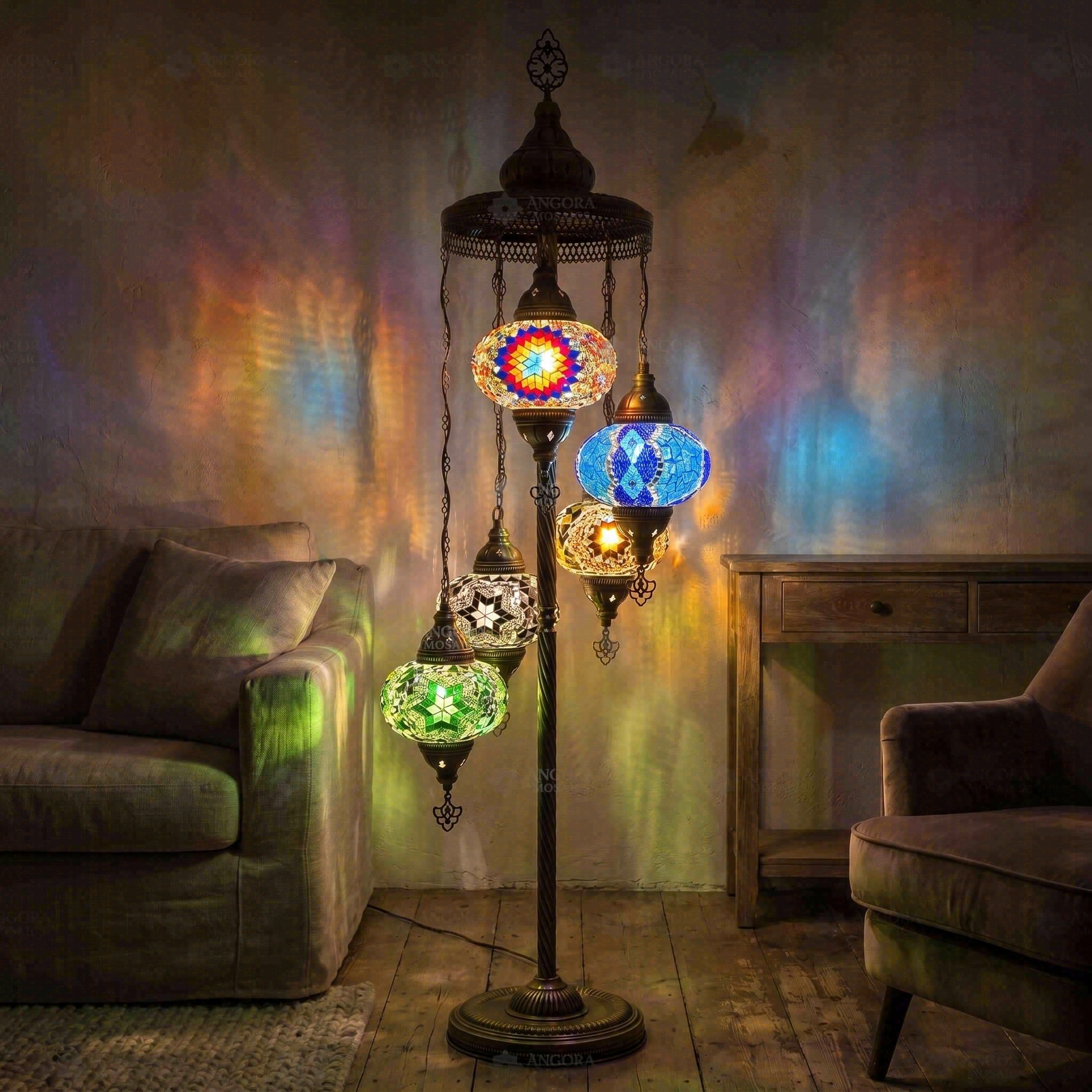 ENVA Multicolor Turkish Mosaic Floor Lamp - 5 Globe Handmade Mosaic Glass Standing Light - Bohemian Starburst Pattern - Moroccan Corner Lamp for Living Room