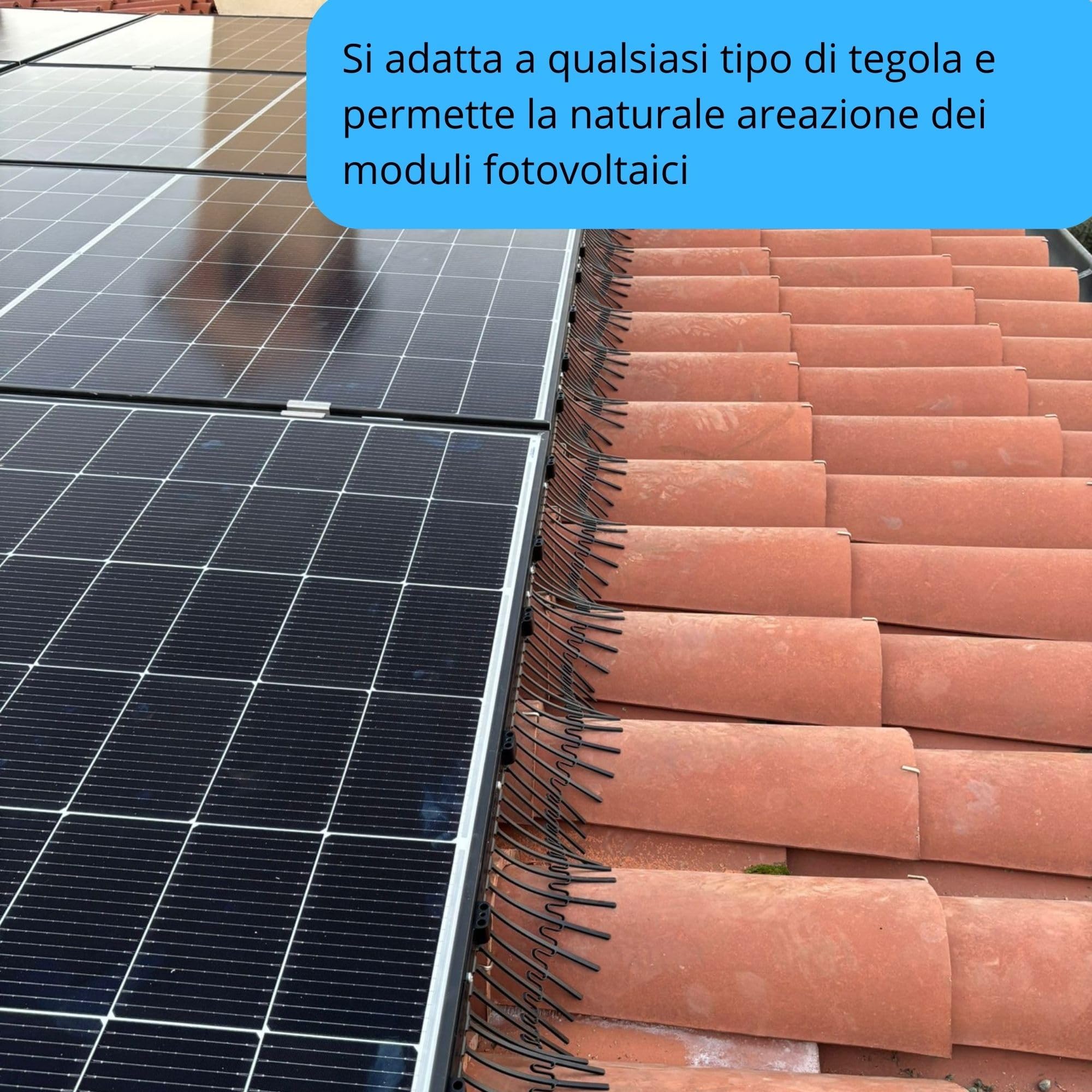 Solar Safe - sistema di protezione Universale da uccelli e piccioni per Fotovoltaico - Brevettata, Ecosostenibile e resistente ai raggi UV (22 metri (40 unità) con CLIPS per pannelli spessore 30mm)