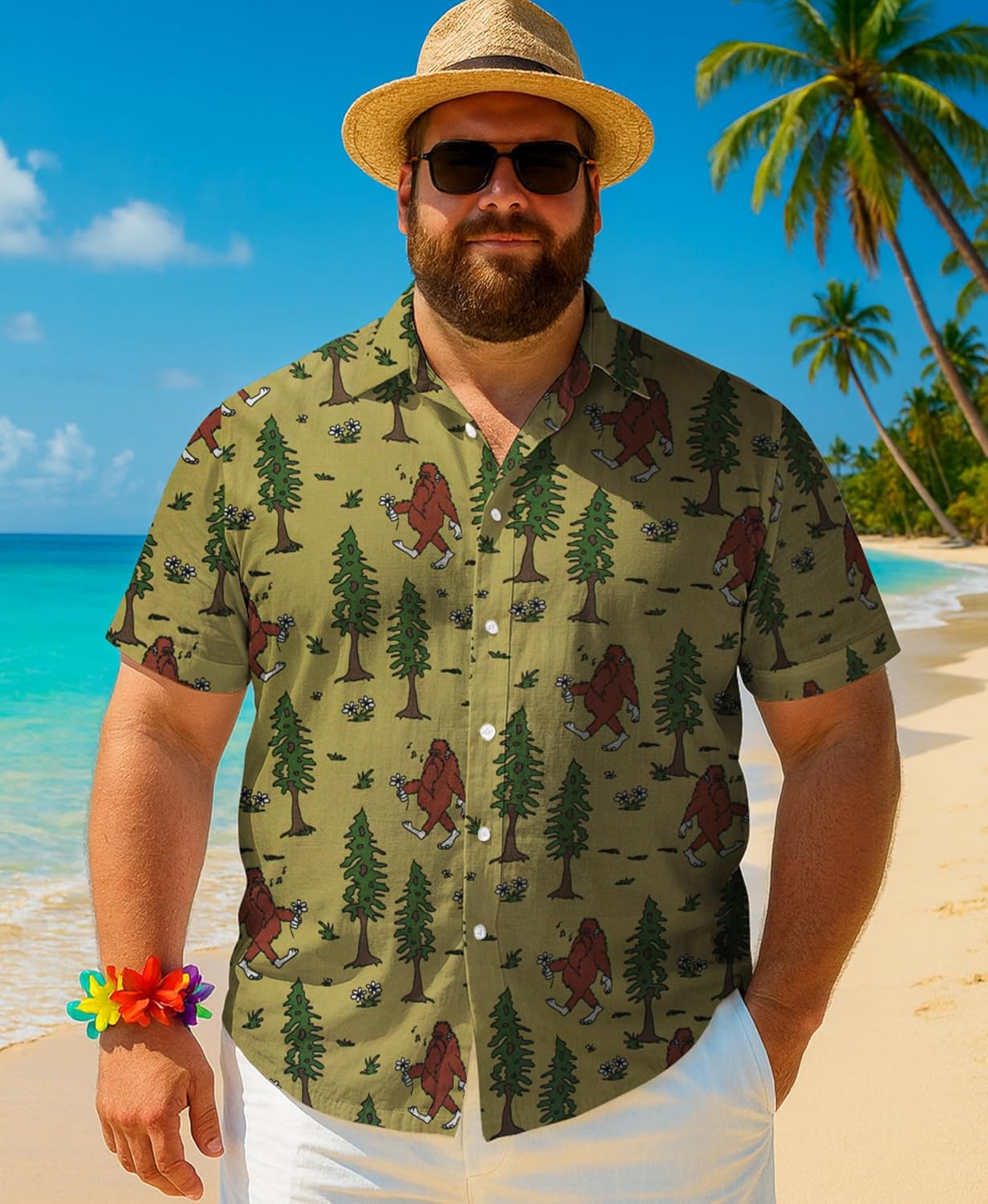 Funny Men’s Big & Tall Hawaiian Shirt, Relaxed Fit Short Sleeve Button-Down for Vacation, Beach & BBQ, Olive Green Bigfoot Forest 5X-Large Big Tall - Image 2