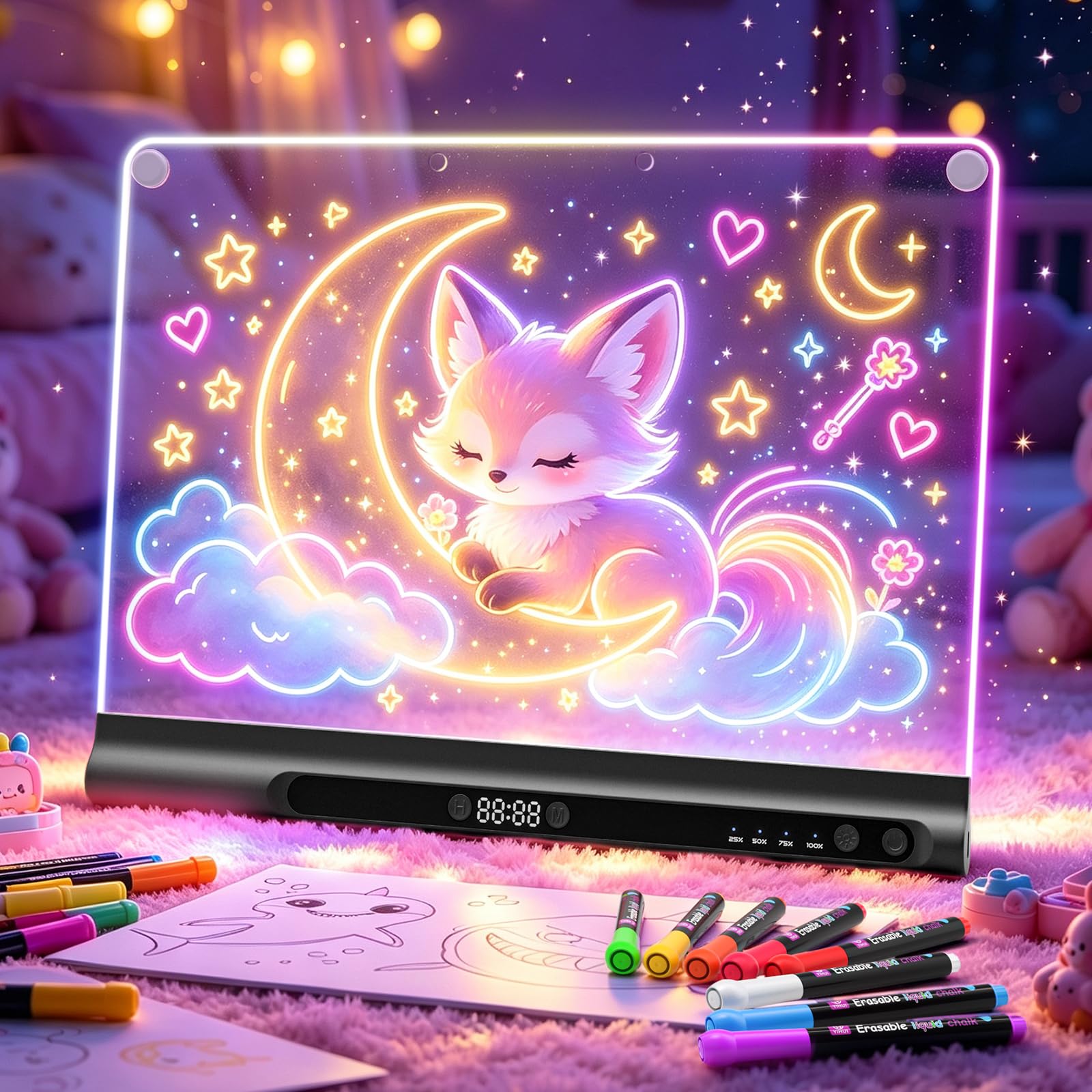 16" Rechargeable Led Drawing Board for Kids, 9-Color Neon Glow Drawing Tablet, Light Up Acrylic Dry Erase Board, Lumiboard Built-in Stand, Gift Toys for Kids/Girls/Grandkids, 8 Markers &amp; Tracing Book