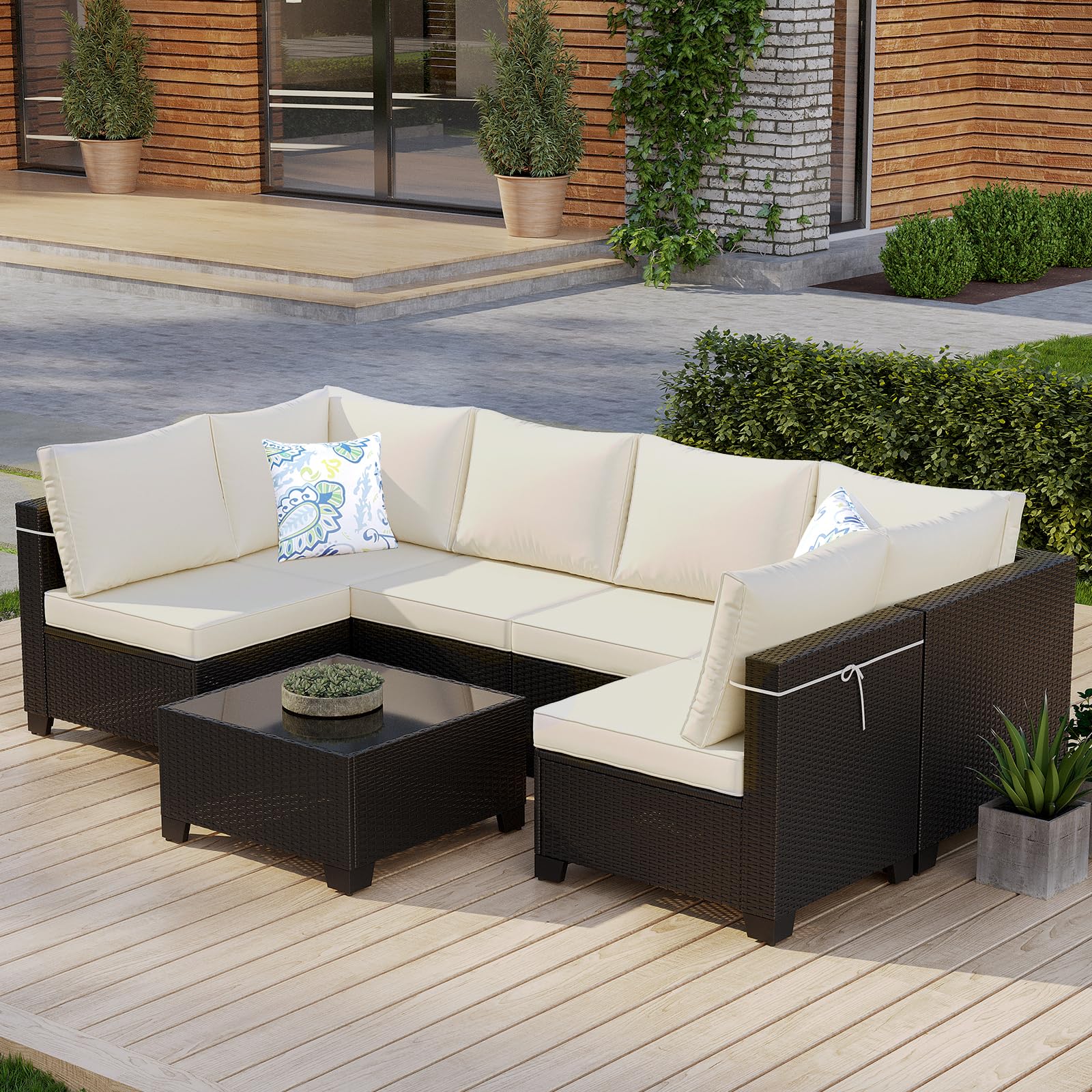 Peacabo 7 Piece Wicker Patio Furniture Set, Outdoor Conversation Couch Set with Waterproof Cushions, Patio Furniture for Garden Porch Balcony or