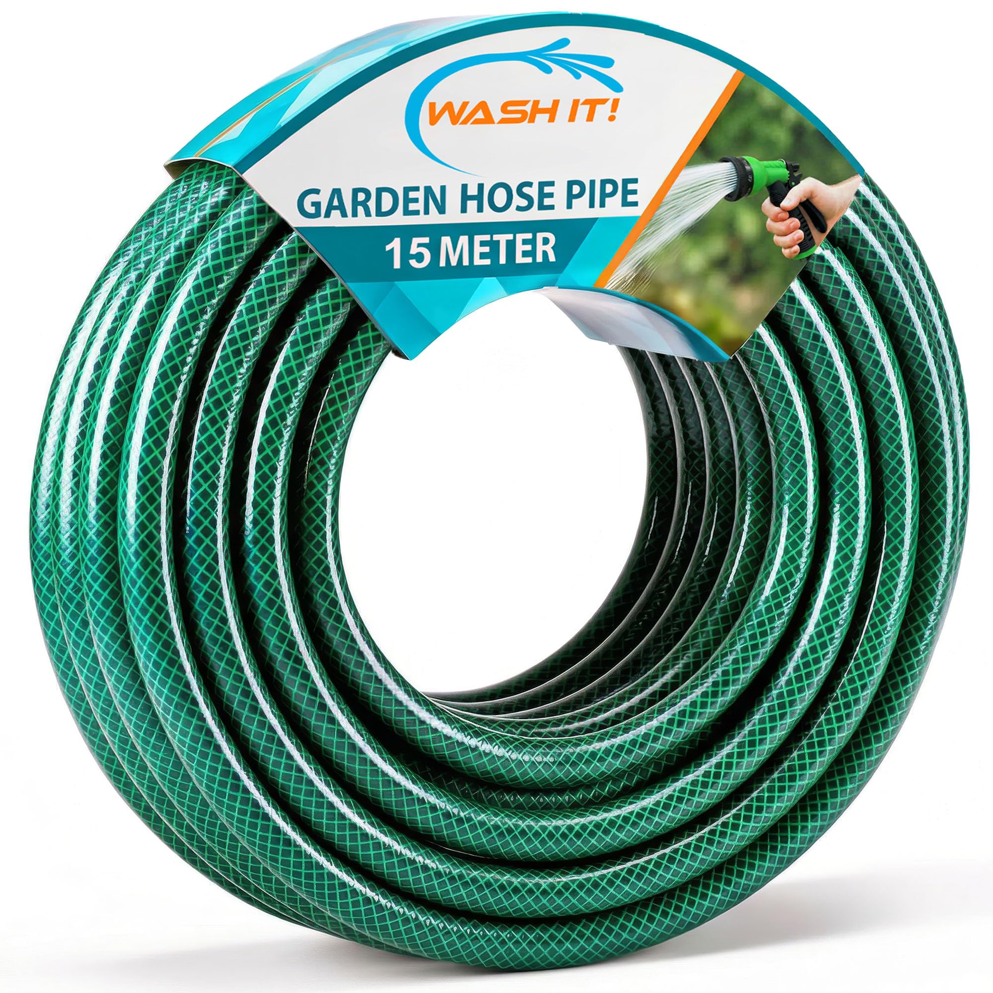 Wash It! Green Reinforced Garden Hose Pipe - Weatherproof Kink Resistant Garden Hosepipe For Watering, Gardening And Cleaning Tasks - Strong Universal Water Hose Pipe - Durable Flexible Hosepipe (15M)