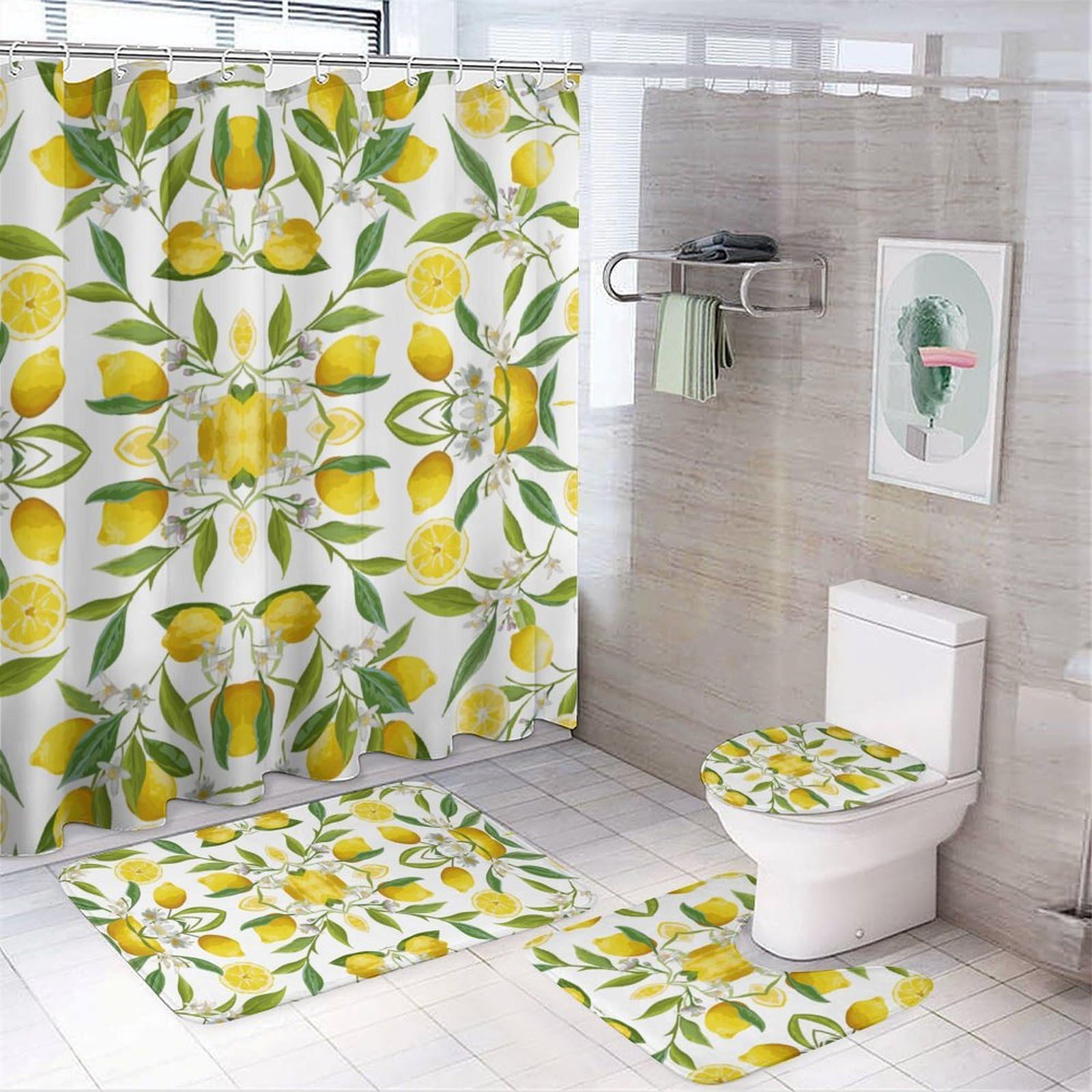 JZemdybill Bathroom Mat Set 4 Piece, Yellow Lemon Shower Curtain with Non-Slip Bath Mats for Bathroom