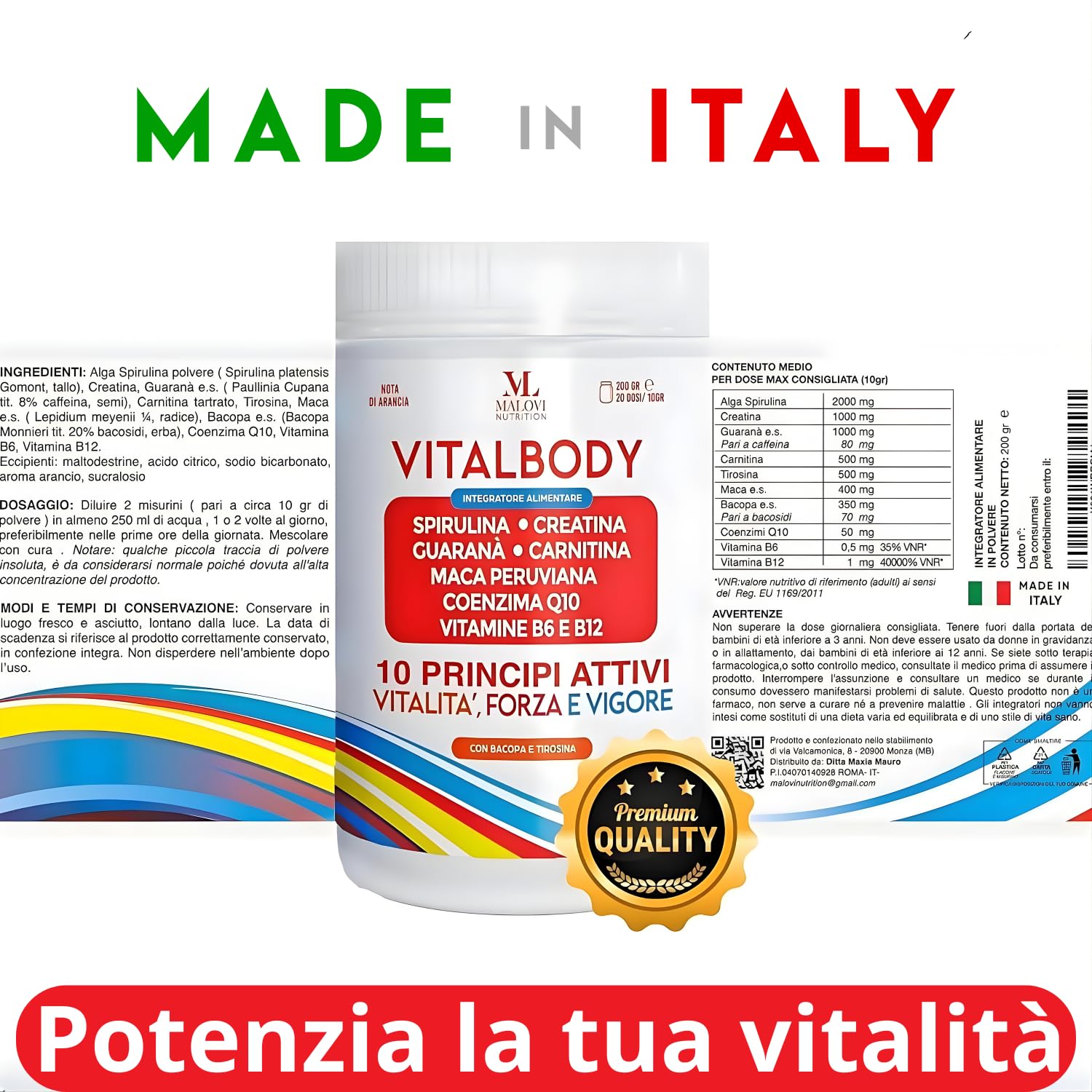 MALOVI Vitalbody 200 Gr Integratori Energia Stanchezza Fisica E Mentale, Integratore Memoria E Concentrazione,Con Spirulina Creatina Carnitina Guarana Maca Bacopa Monnieri Coenzima Q10 Vitamina B6 B12