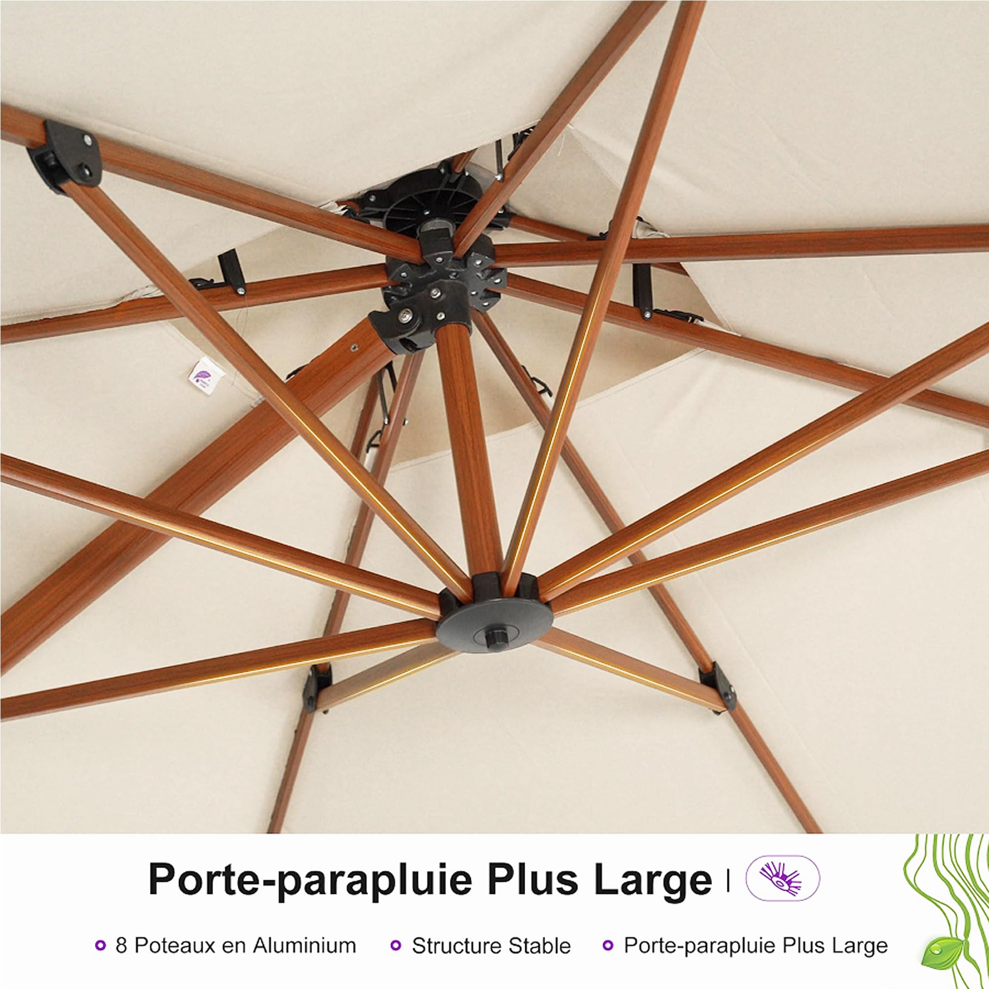 PURPLE LEAF Parasol Déporté 3 x 4 m avec Pied Aluminium Aspect Bois, Crème