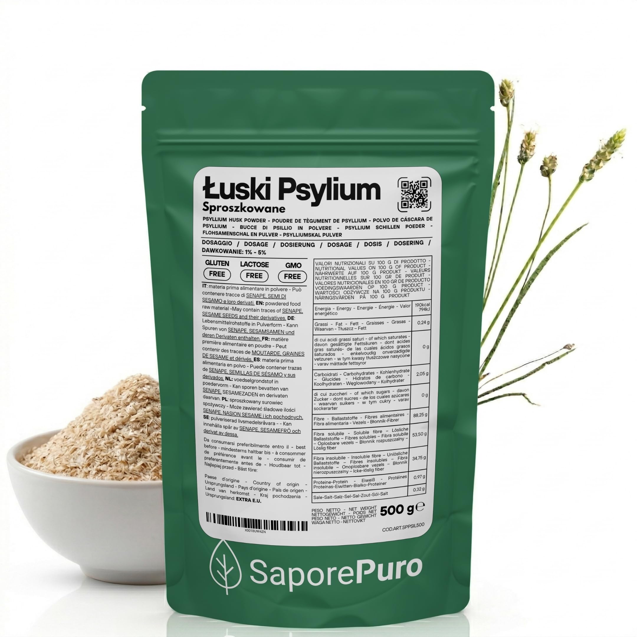 SaporePuro Luski psyllium 500 gr - Błonnik roślinny - 99% czystości - Bezglutenowy