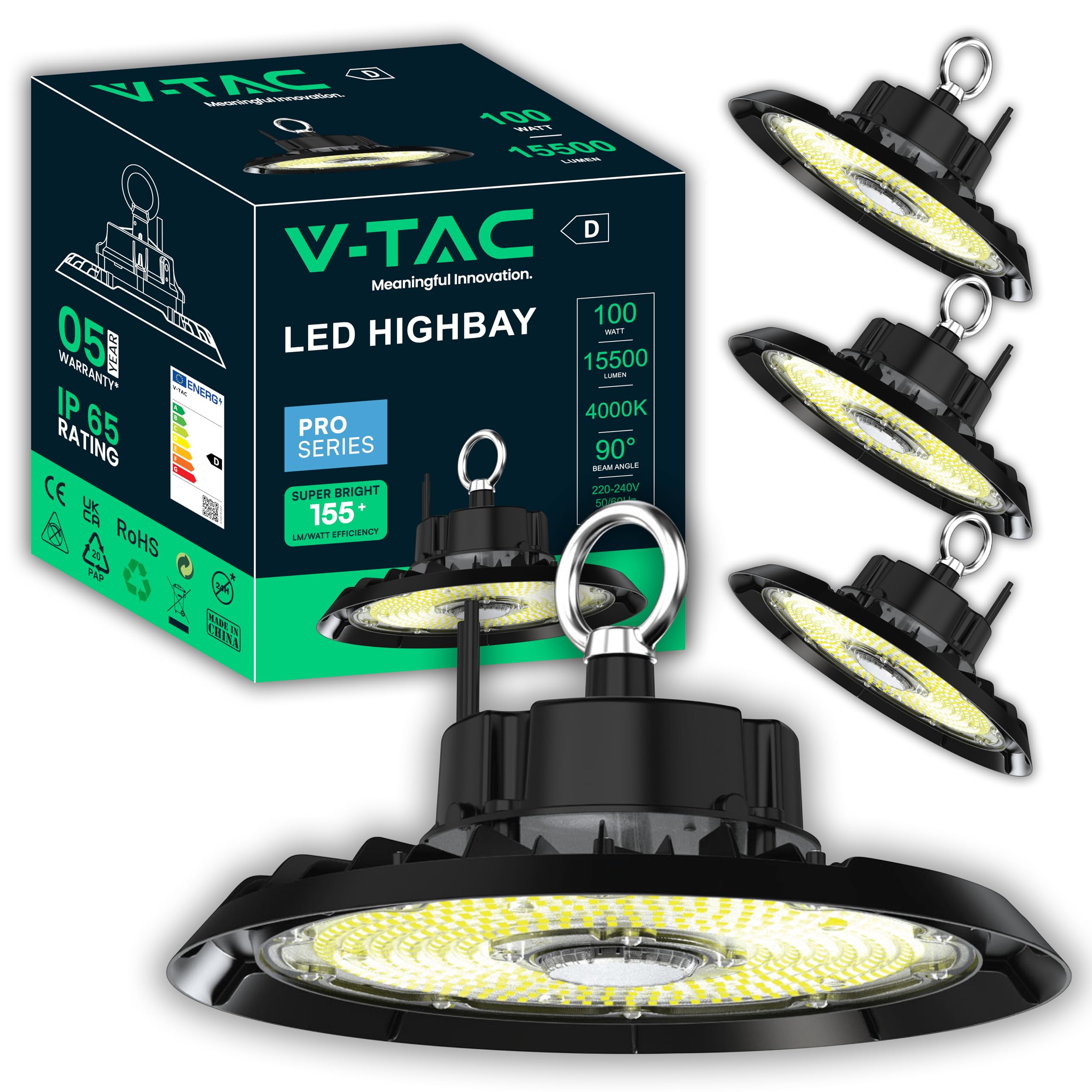V-TAC 4x Fari Industriali Led UFO potenza 100W - [PRO SERIES - MASSIMA EFFICIENZA ] - Lampada Faro Industriale 15500 lm per Magazzino, Fabbrica, Officina - IP65 - Campana - Luce Naturale 4000K