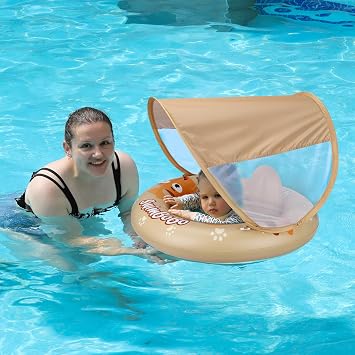 Inflatable Baby Swimming Float with Safe Seat and Canopy for Age 6-36 Months Toddler