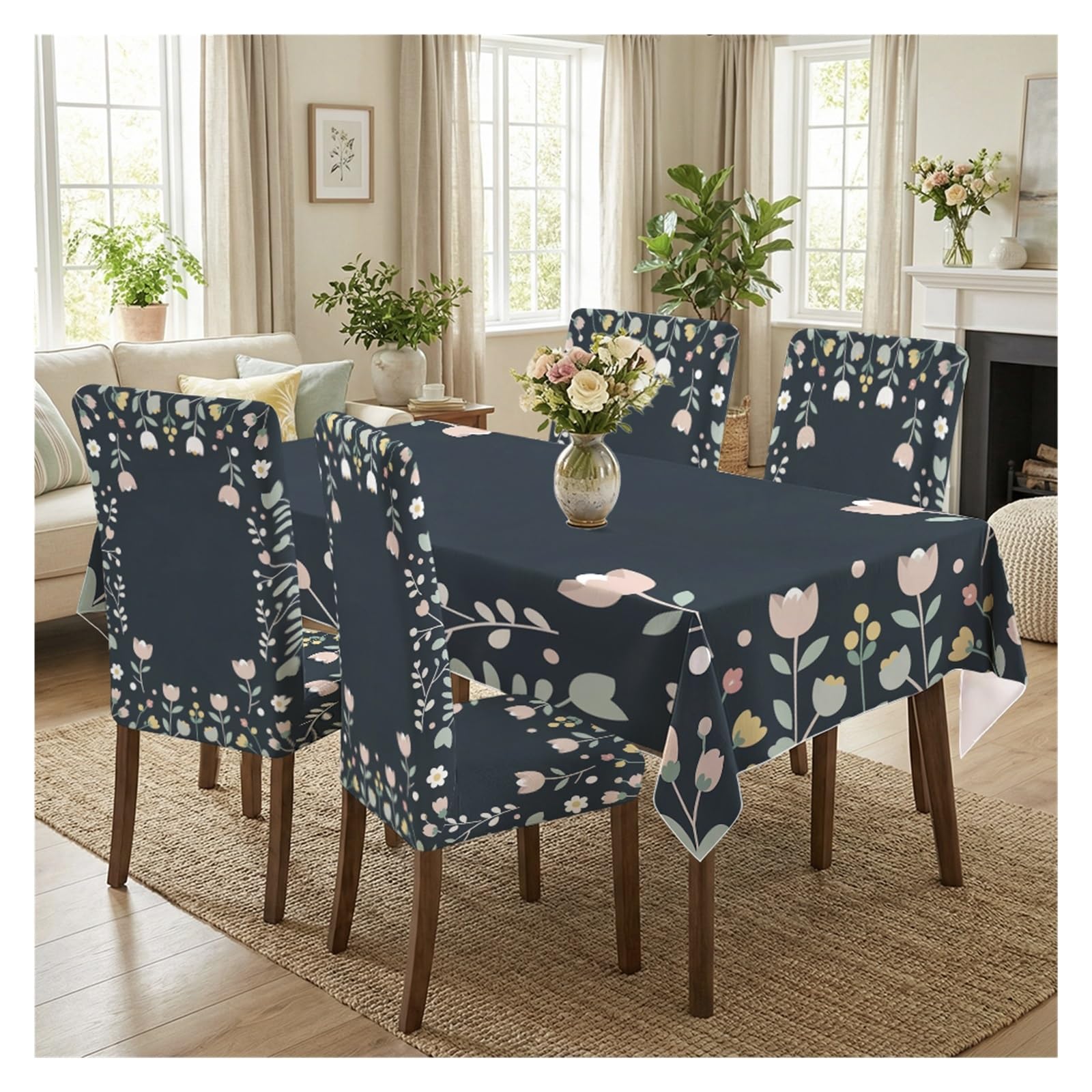 BOSUYBN Minimal Dark Background Pastel Tiny Floral Print Dining Tablecloth & Chair Covers Set, 5/7 Piece Simple Modern Cottage Dining Decor Table Setting(5pcs Set: Tablecloth+Chair Covers)