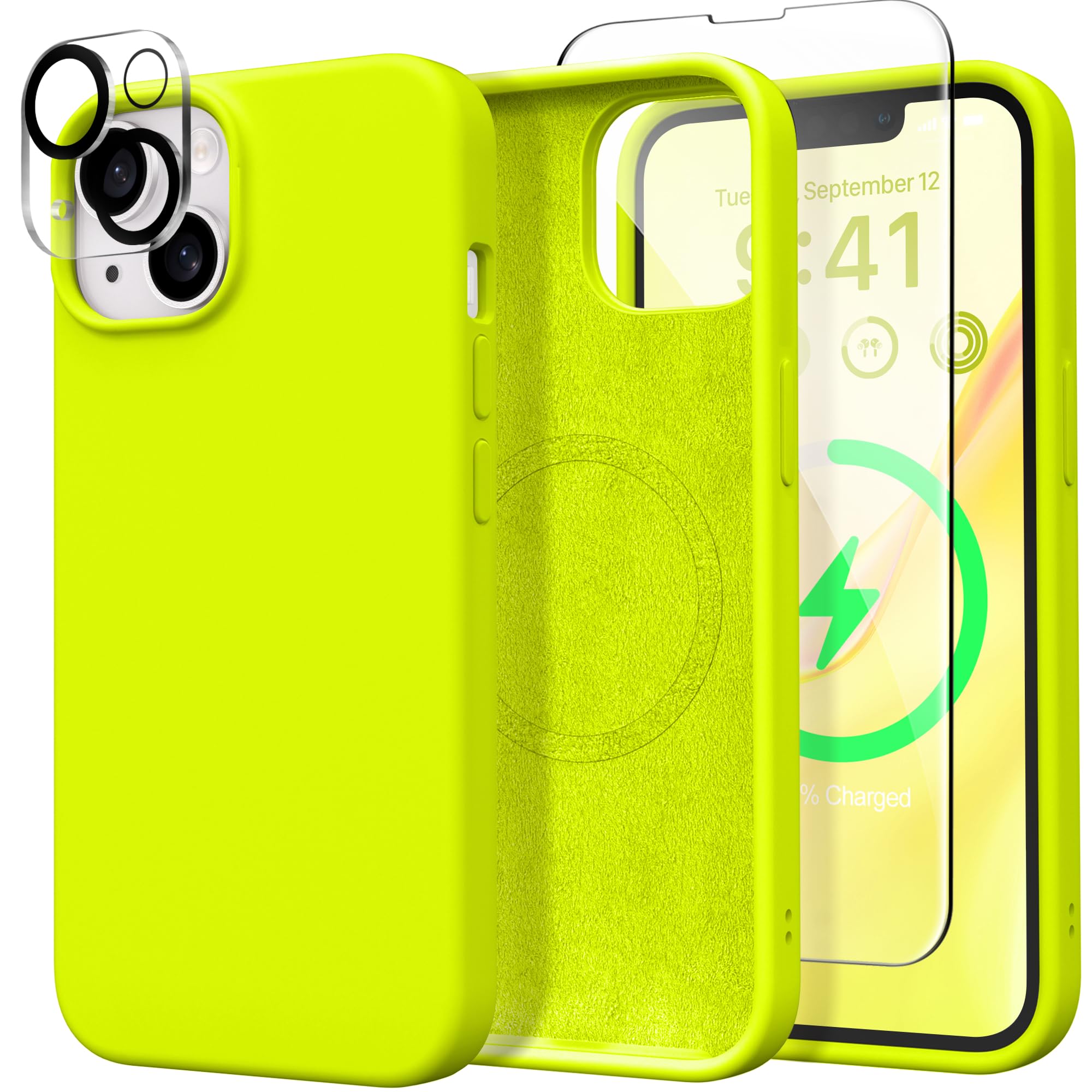 GONEZ Magnetic for iPhone 15 Case, Silicone Cover Neon Lemon