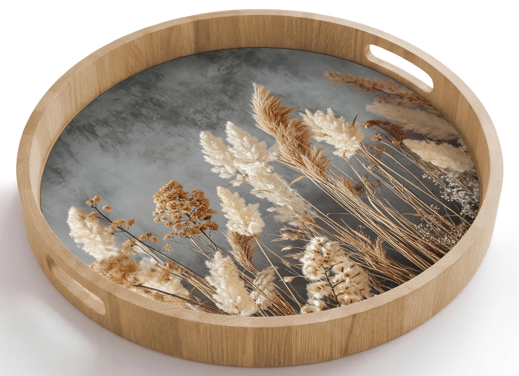 Serviertablett Rund 50x50 cm Servierplatte Eichenholz Servier Tablett Mit Henkel Serving Tray Kratzfest Kaffeetablett Teetablett Getrocknete Feldblumen - Grau - Beton