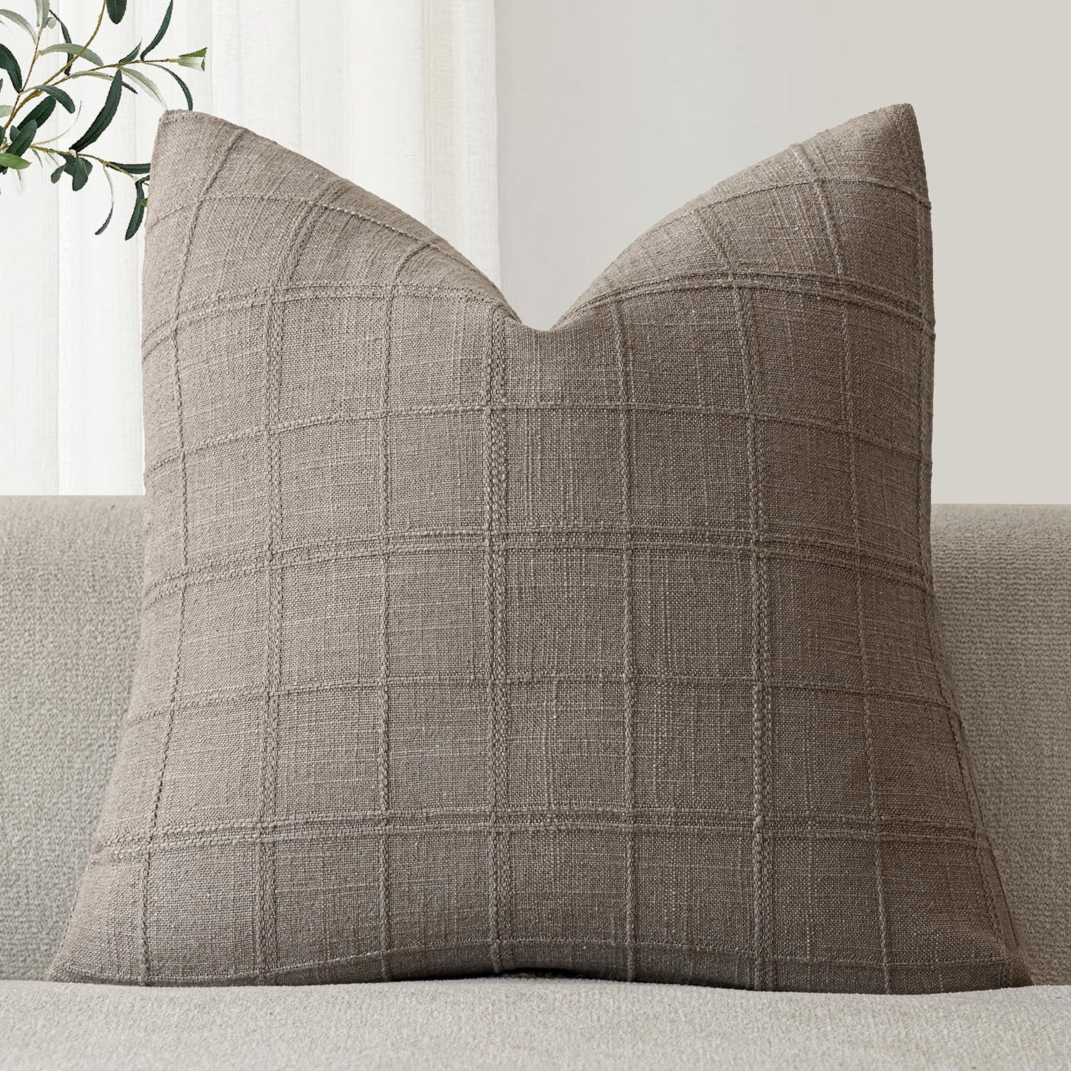 Foindtower Set of 1 Decorative Linen Check Throw Pillow Cover Neutral Farmhouse Vintage Cushion Cover Modern Boho Home Decor for Sofa Chair Couch Bedroom Living Room,24×24 Inch,Tan Taupe