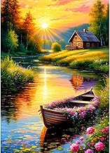 DPHERO DIY Hut Diamond Painting Kits Pictures for Adults Beginners, 5D Boat Diamond Painting Set, DIY Round Stones Sunset Reflection Diamond Art Kits, Diamond Art for Home Decor 30 x 40 cm