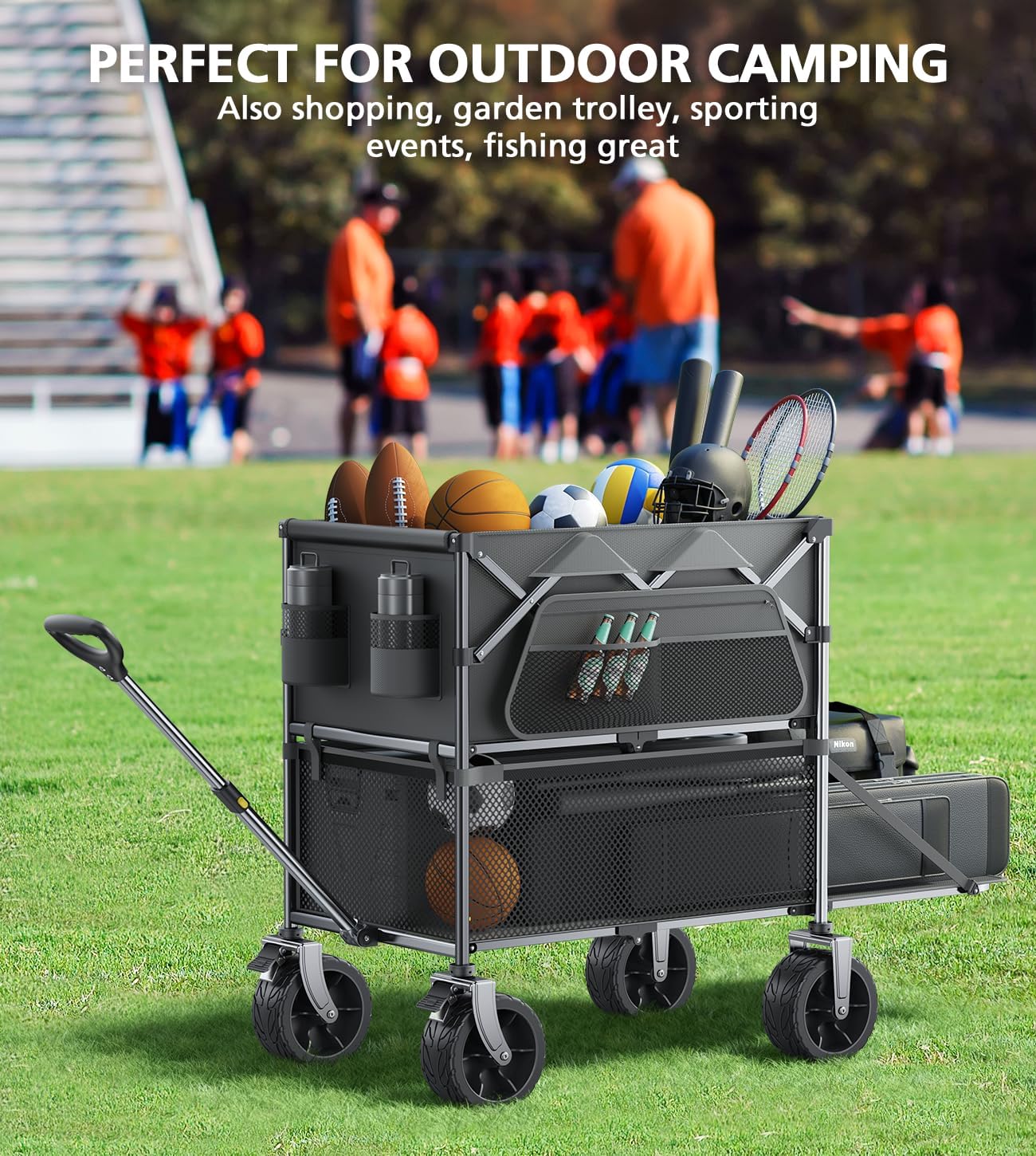 480Lbs Foldable Double Decker Wagon Cart,Beach Carts with Large Wheels&Side Storage Pocket&Dustbag,Large Capacity Folding Wagon for Shopping,Garden,Camping,Fish,Sports-Grey