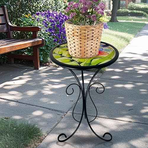 Miniatura 5 de HONGLAND Mesa auxiliar para exteriores, mesa pequeña para exteriores, mesa auxiliar redonda de 12 pulgadas, soporte para plantas de vidrio, mesa