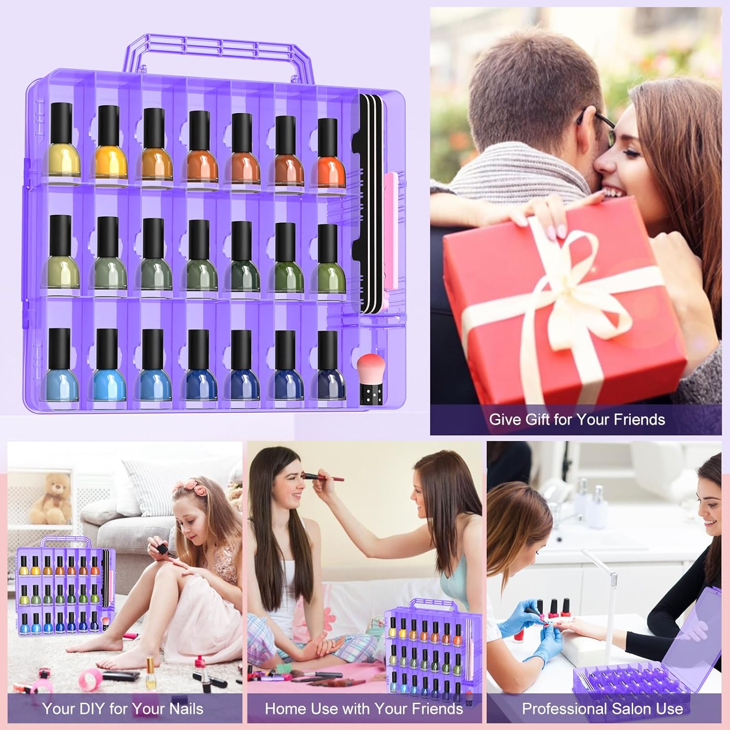 SUBAY Portable Nail Polish Organizer, Clear Double Side Nail Polish Holder,Gel Nail Storage for 48 Bottles with 6 Adjustable Dividers in Each Side Space Saver, Purple
