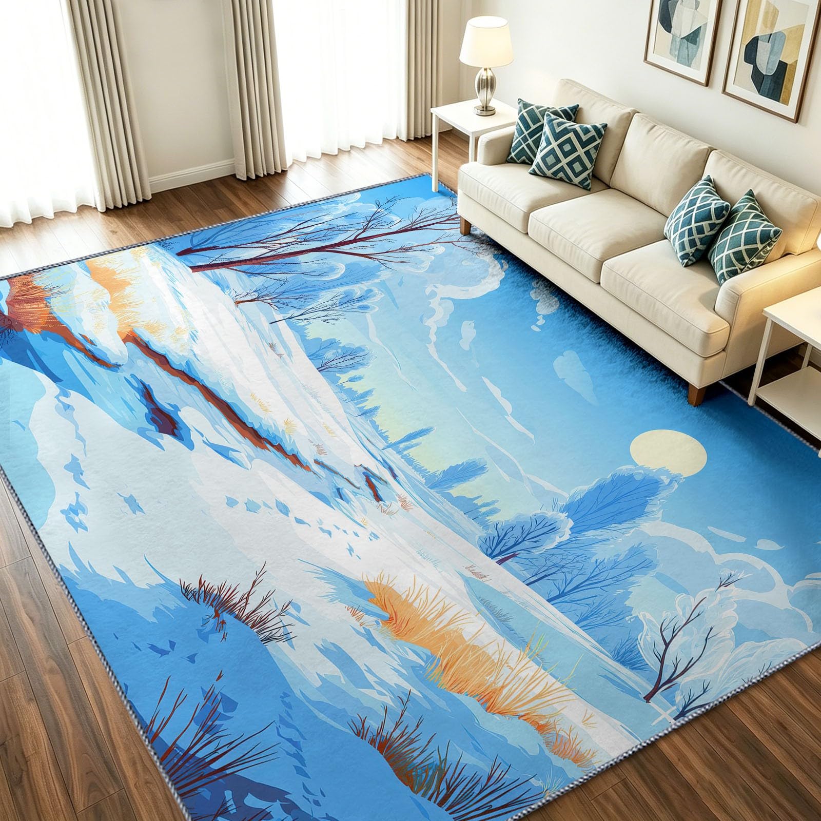 Alfombra azul para pasillo con diseño de paisaje nevado rústico