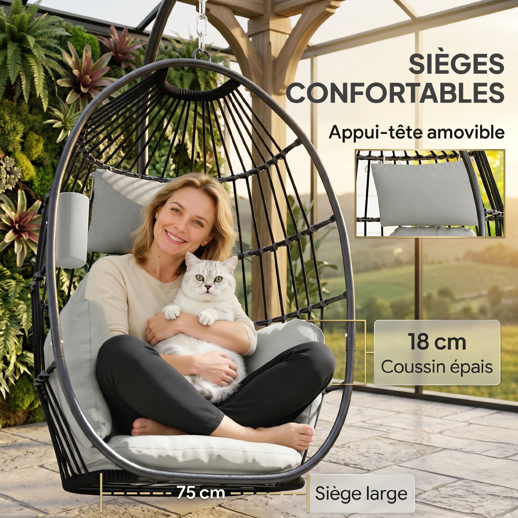 Outsunny Fauteuil Suspendu Fauteuil œuf Suspendu, Chaise hamac balançoire avec Panier Pliable, Coussins rembourrés, Porte-gobelet et Oreiller, pour intérieur et extérieur, capacité 120 kg, Gris foncé