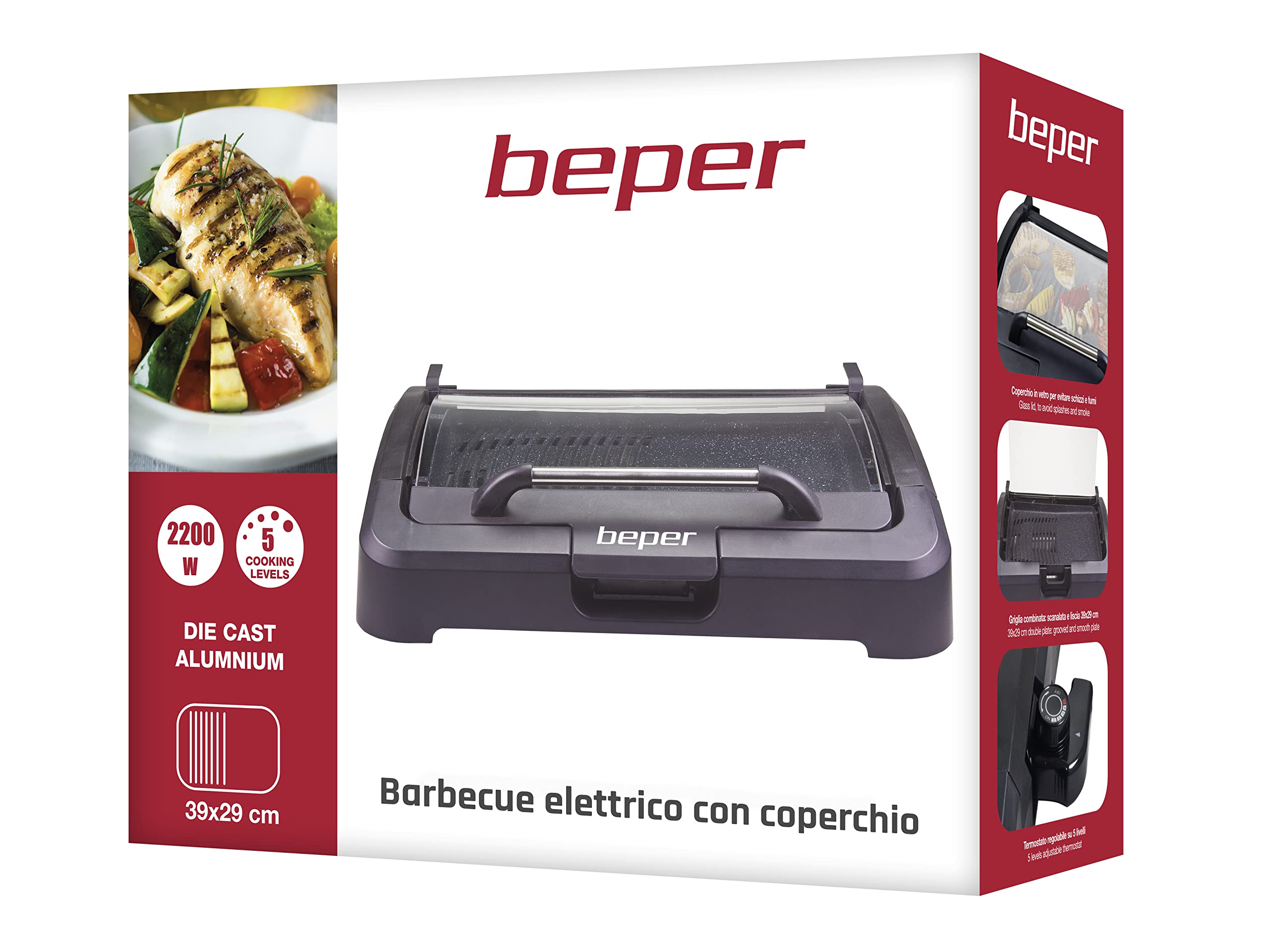 BEPER 90.871 Barbecue Electrique avec Couvercle - Grille Barbecue, Antiadhésives Amovibles des Grills, 2200 W