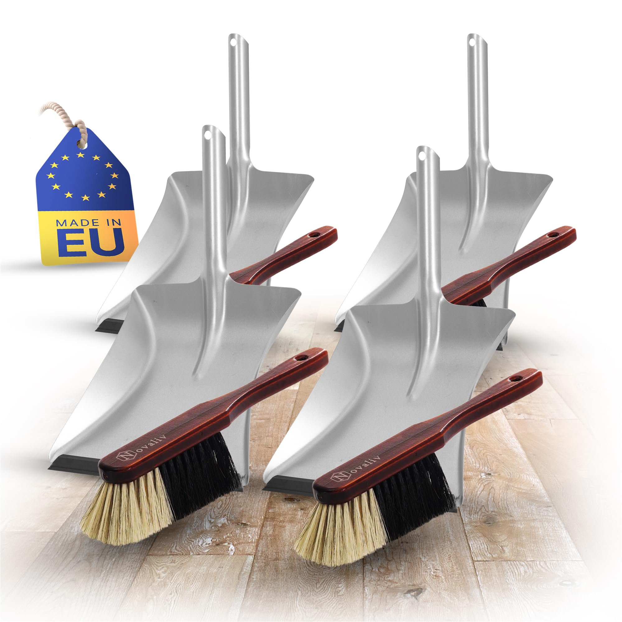 Novaliv Set di 4 palette per scopa a mano, in legno laccato marrone, con manico in gomma, spazzola in gomma, setole morbide, set di paletta e paletta
