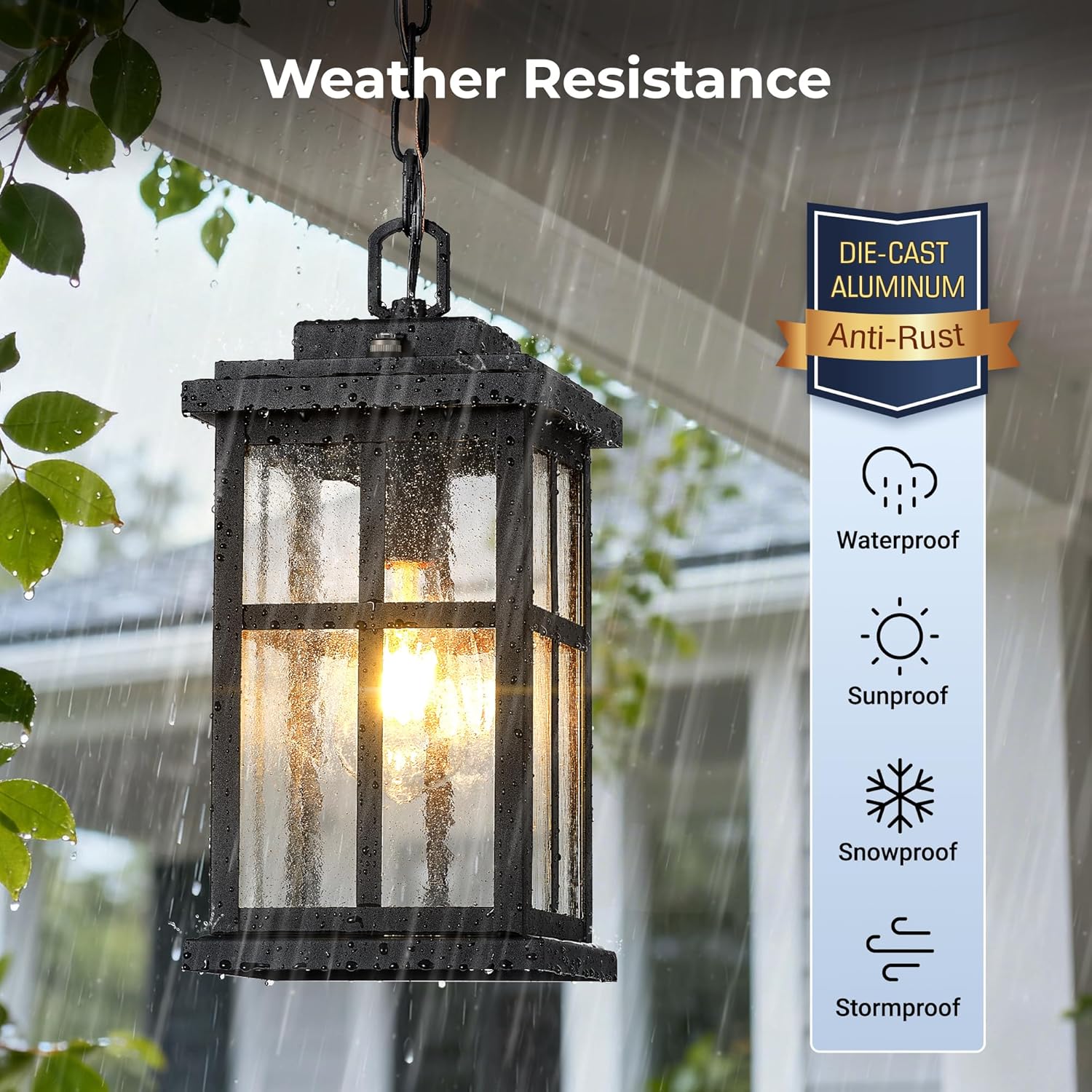 VIANIS Dusk to Dawn Large Outdoor Pendant Light Fixture, Black Modern Outdoor Hanging Porch Light, Anti-Rust Waterproof Exterior Chandelier for Porch with Adjustable Chains, Exterior Pendant Light