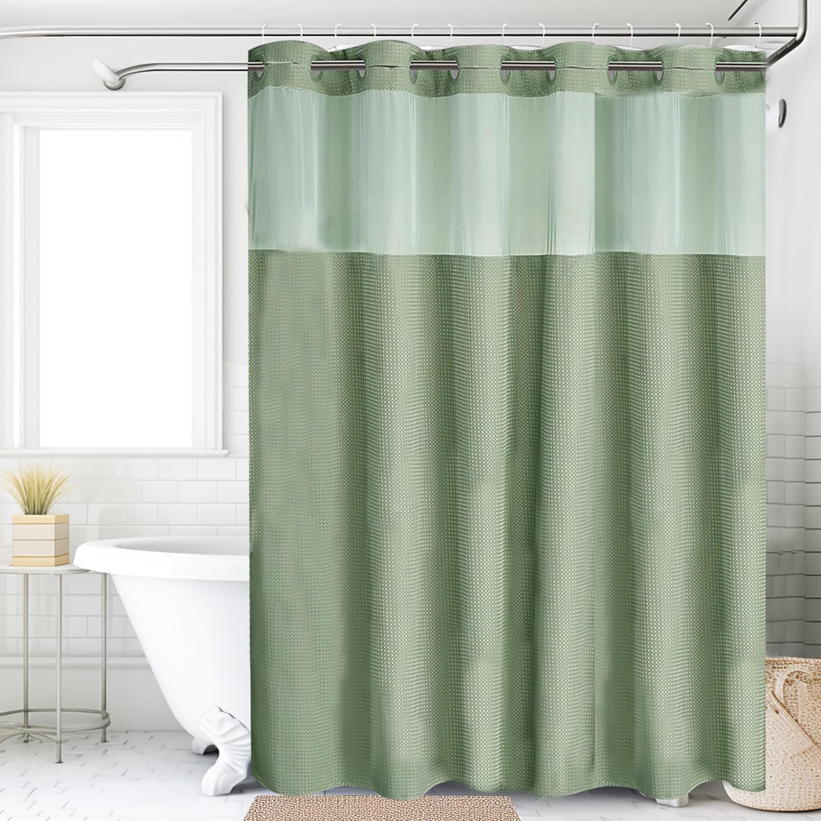 Tenda da doccia impermeabile senza ganci, in tessuto a nido d'ape verde, per casa e hotel, resistente alla muffa, facile da installare, elegante decorazione per il bagno