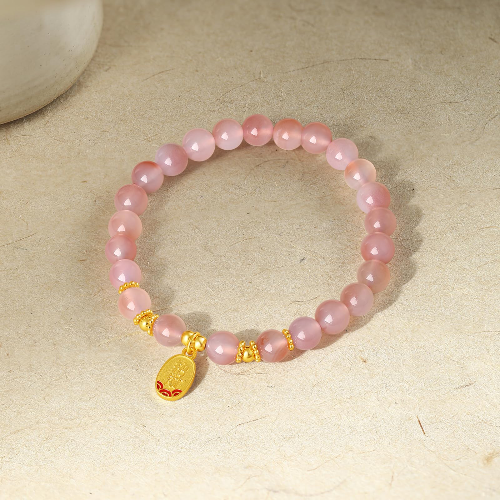 Bracciale in Argento Sterling Braccialetti con Perline in Argento e Agata Rosa Bracciale Elastico con Ciondolo della Fortuna Gioielli Portafortuna per Donne Mamma Figlia Compleanno 6.7"/17CM