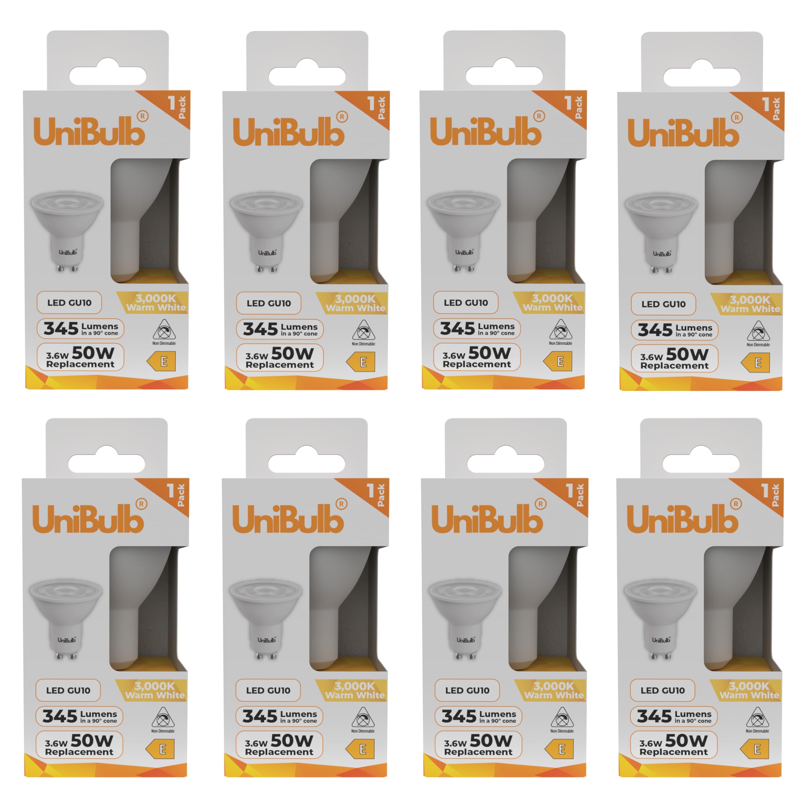 Unibulb GU10 LED Bulb Warm White, 3.6W LED Spotlight/Downlight/Ceiling Light Bulb, 345 Lumens, 3000K, Replaces 50W Halogen, 25,000hr Life, Non-Dimmable (8)