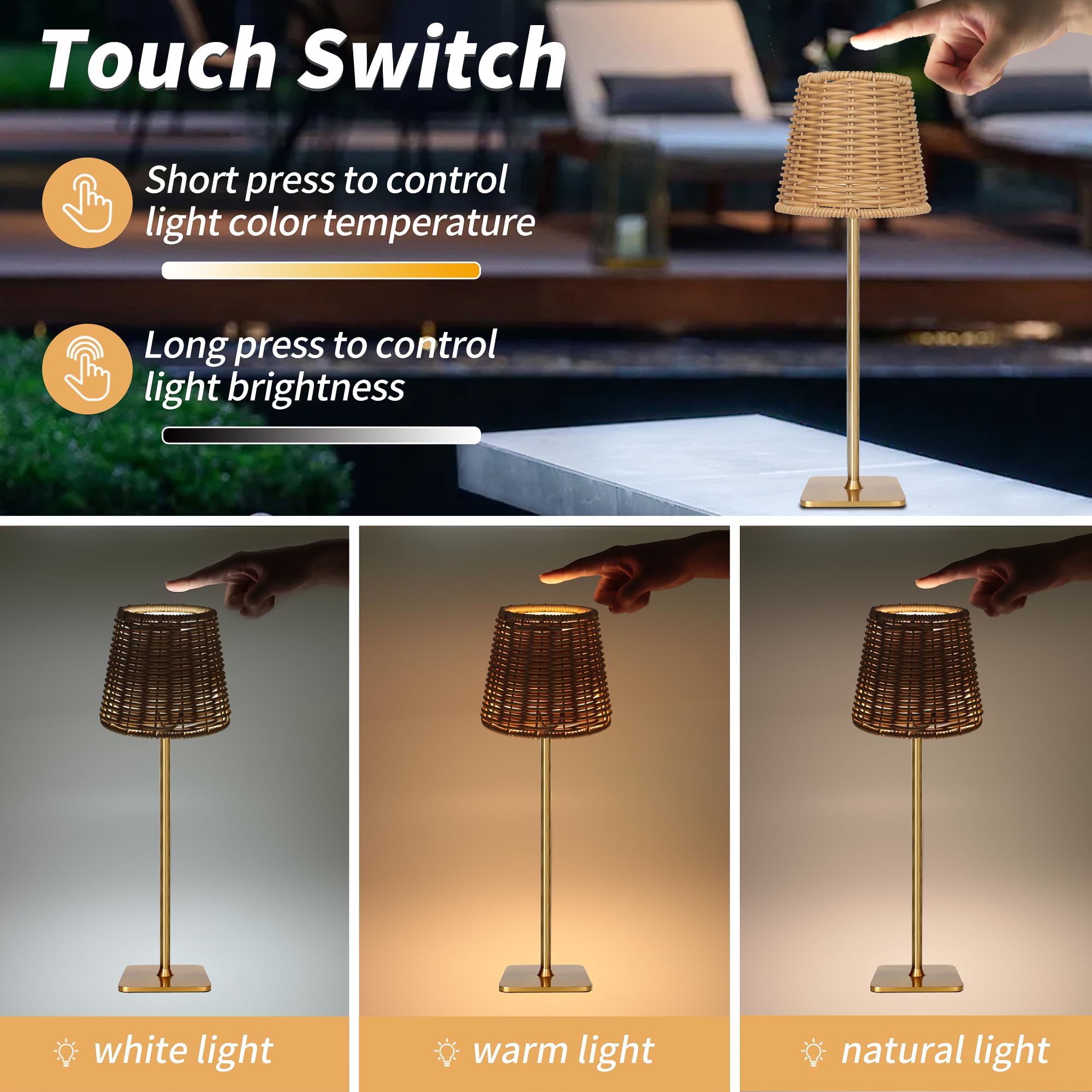 Mr. White Lampe de table LED d'extérieur sans fil rechargeable sans fil portable alimentée par piles pour restaurant, cuisine, terrasse, dîner, salle à manger (doré)