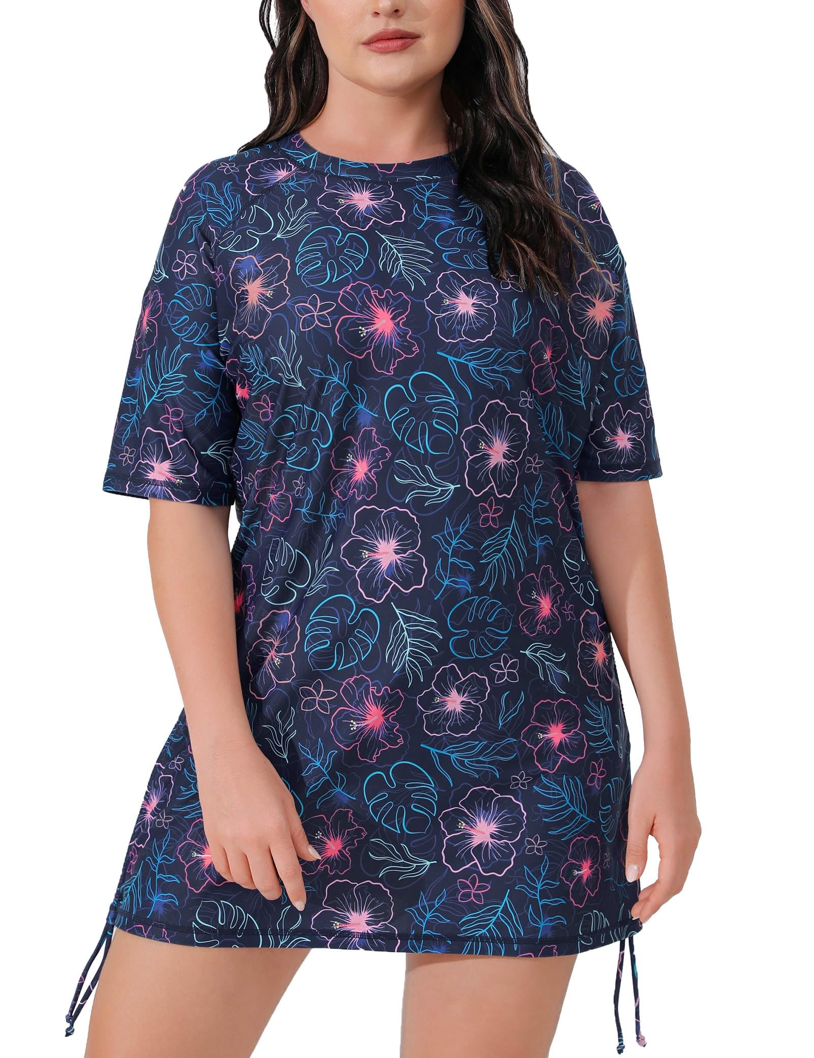 Women's Plus Size Short Sleeve Rash Guard Swim Shirt Tie Drawstring UPF50+ Sun Protection Swimsuit Top-image-20