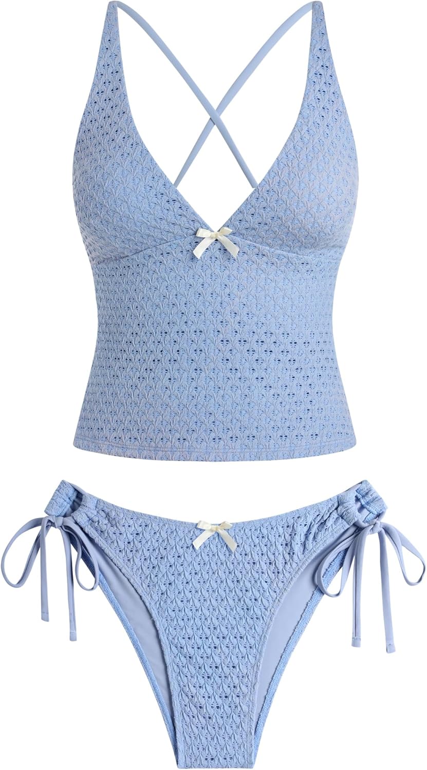 ZAFUL Women's Tankini Set V Neck Tummy Control Floral Printed Tie Side Thong Bikini Swimsuits 2 Piece Bathing Suits