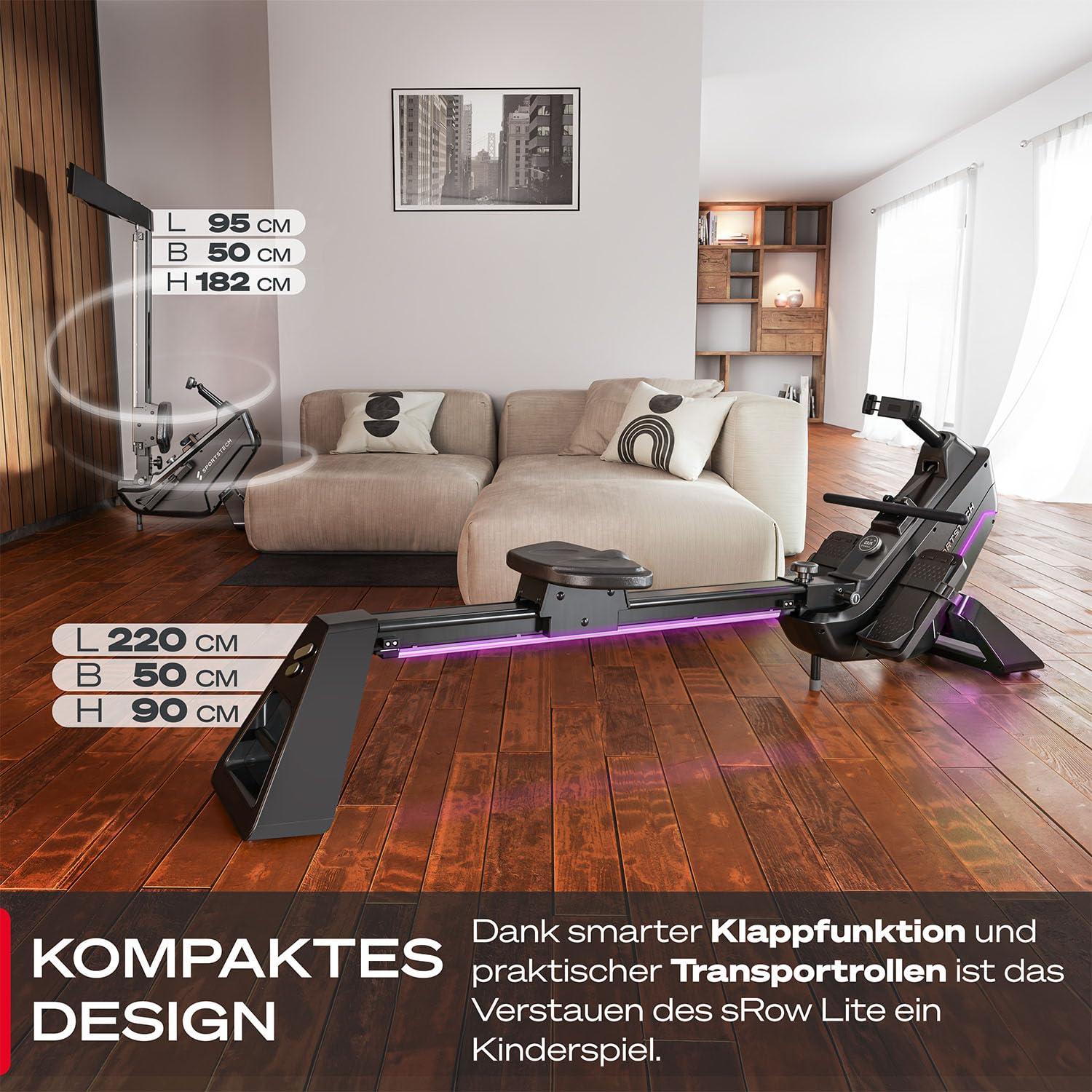 Sportstech sRow Lite Rudergerät für Zuhause klappbar, leises Magnetbremssystem, 24 Widerstandsstufen, LED-Knob-Display mit Feedback, Sportstech Live App, drehbarer Tablethalter, Rudermaschine