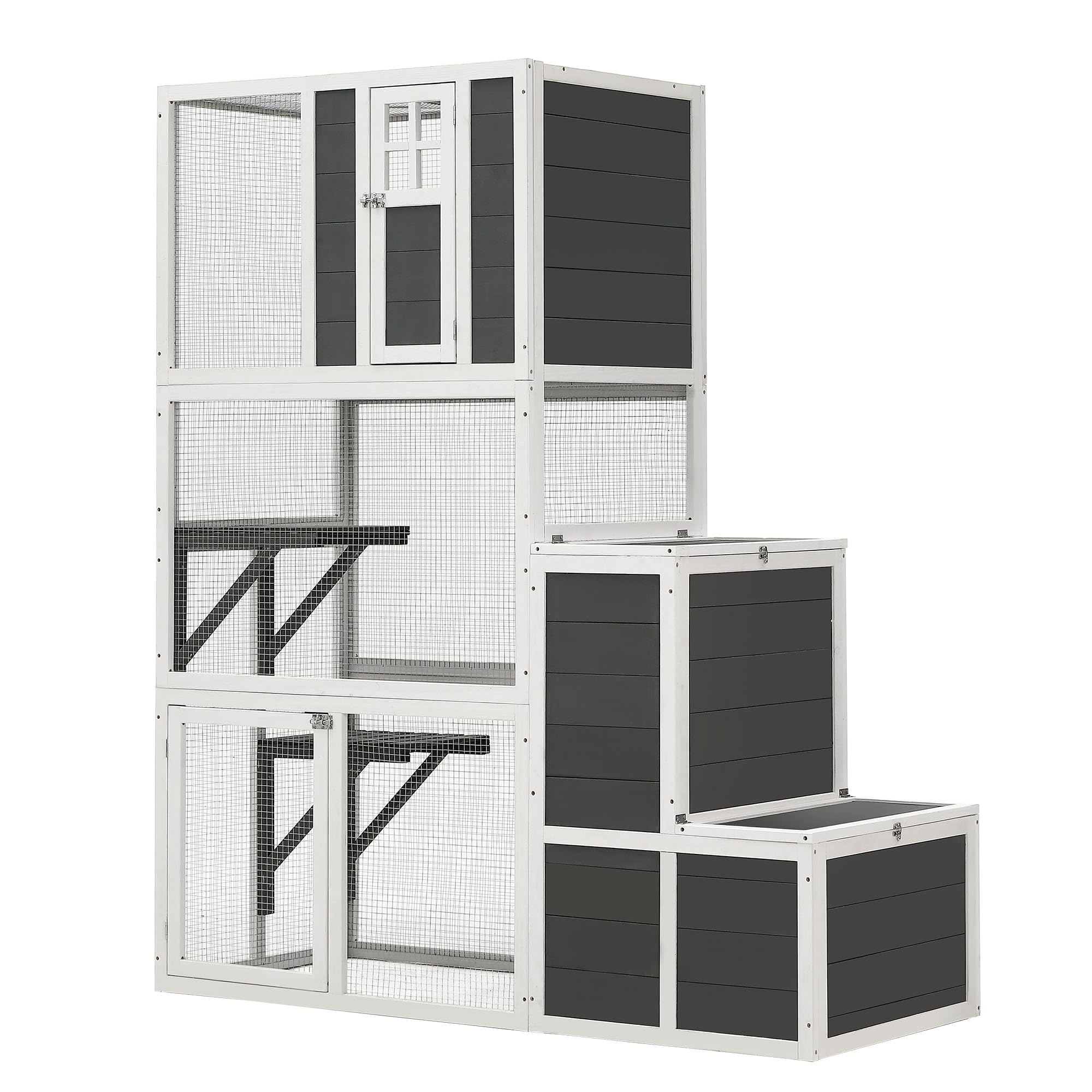 Acosure 71 Inch 3-Tier Wooden Catio Outdoor Cat Enclosure with 4 Platforms and 2 Doors,Cat-House Kitty-House W/ 2 Resting Rooms & 1 Jumping Box,Walk-in Kitty Kennel Condo Shelter,Gray