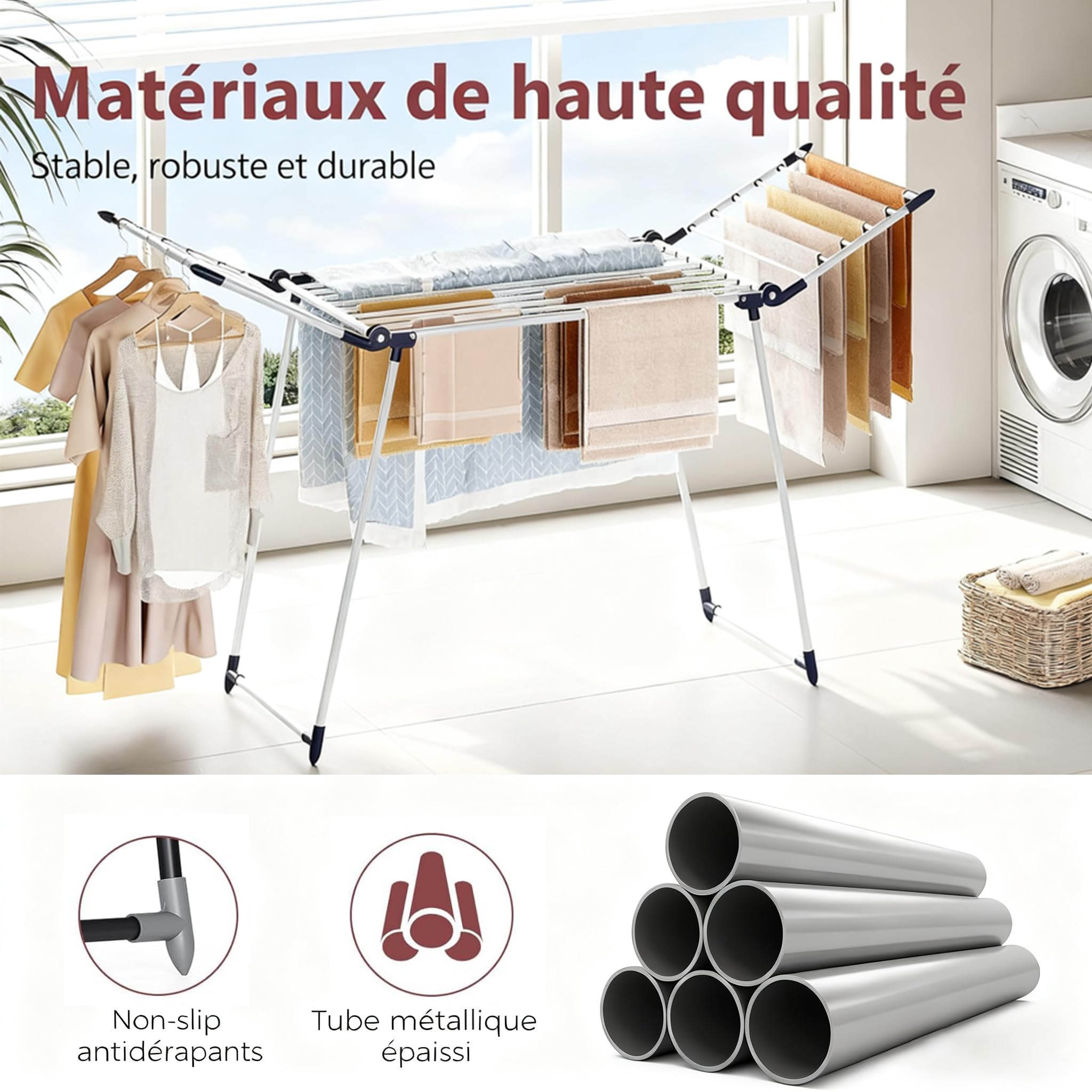 SYKIARIOL Étendoir à Linge Intérieur Pliable - Séchoir à Linge Intérieur sur Pied Pliable, Etendoir Linge Solide et Inoxydable - 175 x 105 x 60 cm - pour vêtements, Serviettes et draps(Blanc)