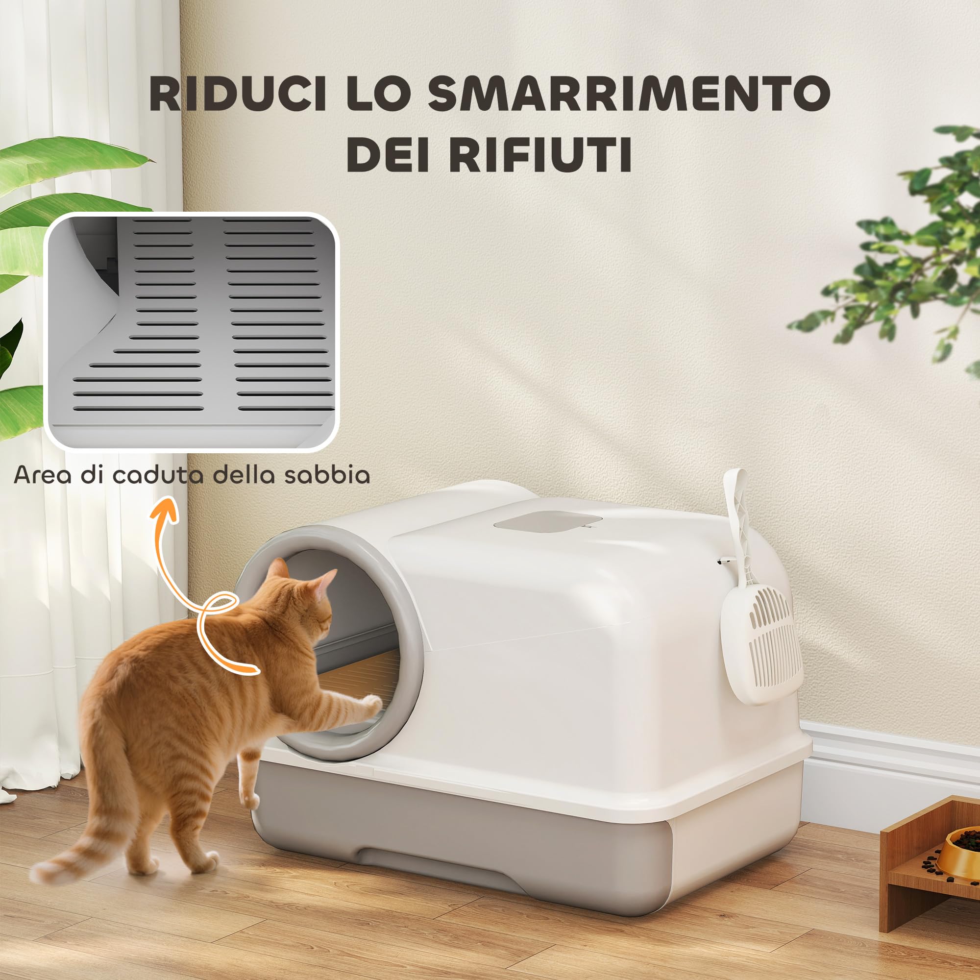 PawHut Lettiera per Gatti con Coperchio, Facile da Pulire, Bianco e Grigio | Toilette per Gatti, Vassoio con Paletta, Sacchetti Deodoranti