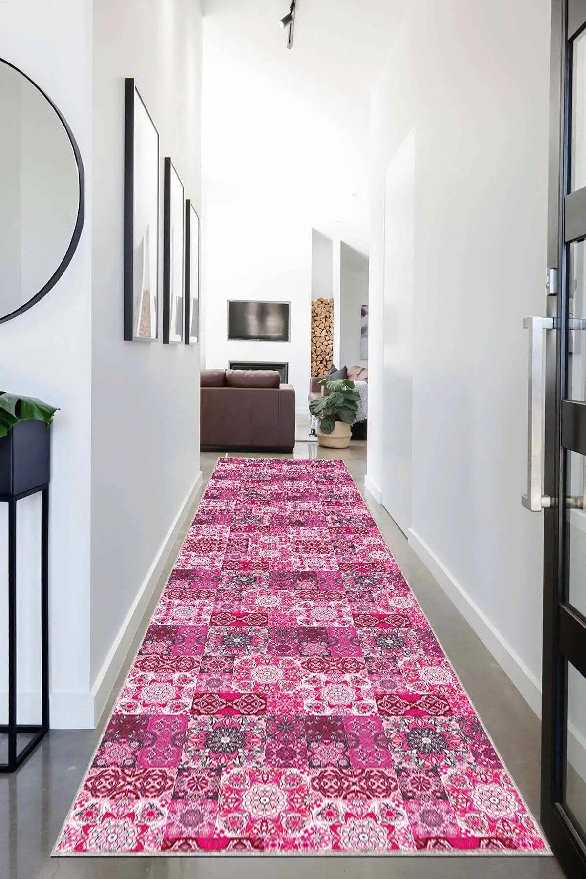 Pelangi Kilim Desenli Etnik Dijital Baskı Yıkanabilir Kaymaz Taban Modern Salon Halı ve Yolluk, Pembe 80 x 500, 9554926805007