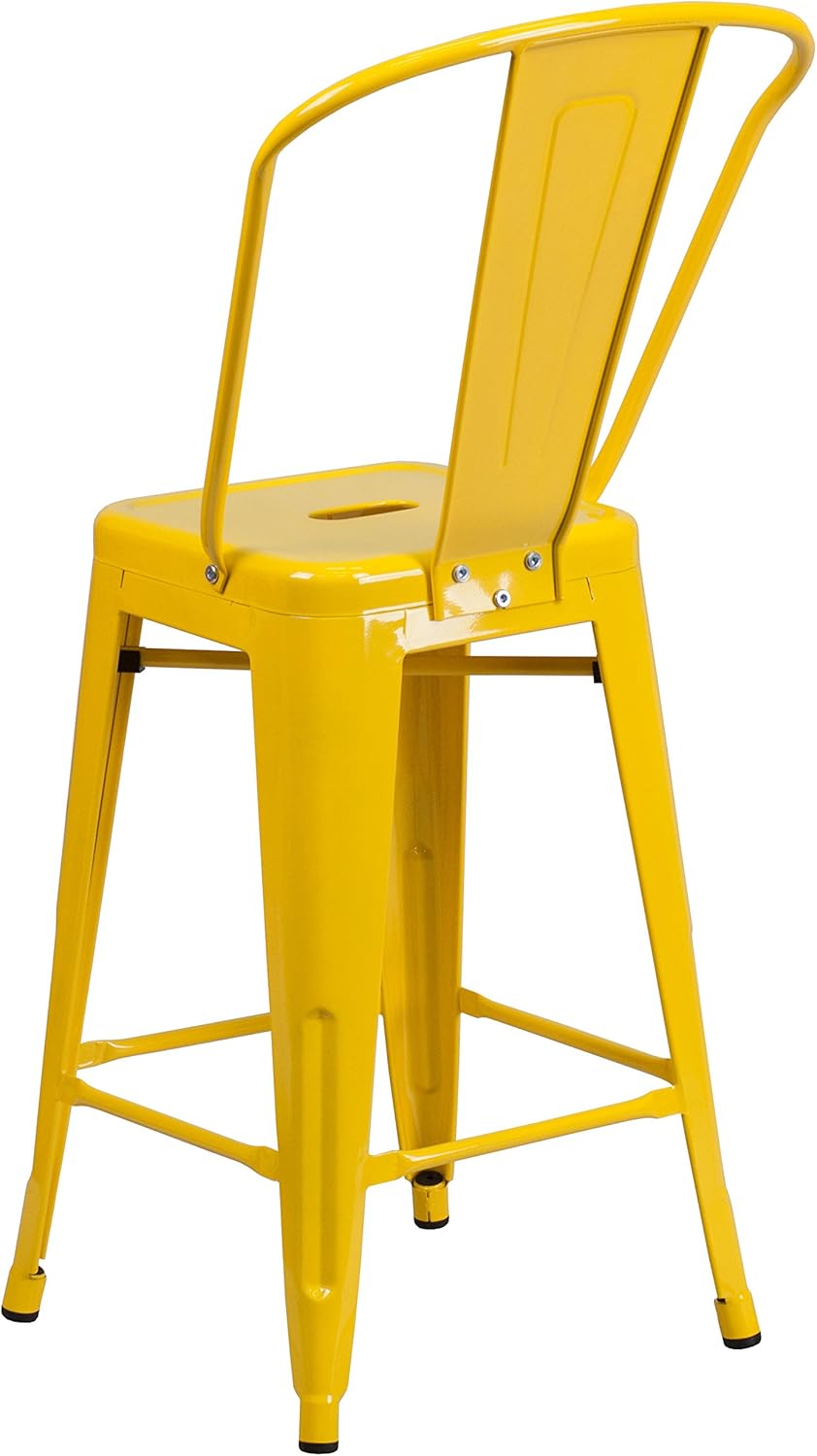 EMMA + OLIVER Commercial Grade 24" H Yellow Metal Indoor-Outdoor Counter Height Stool w/Back