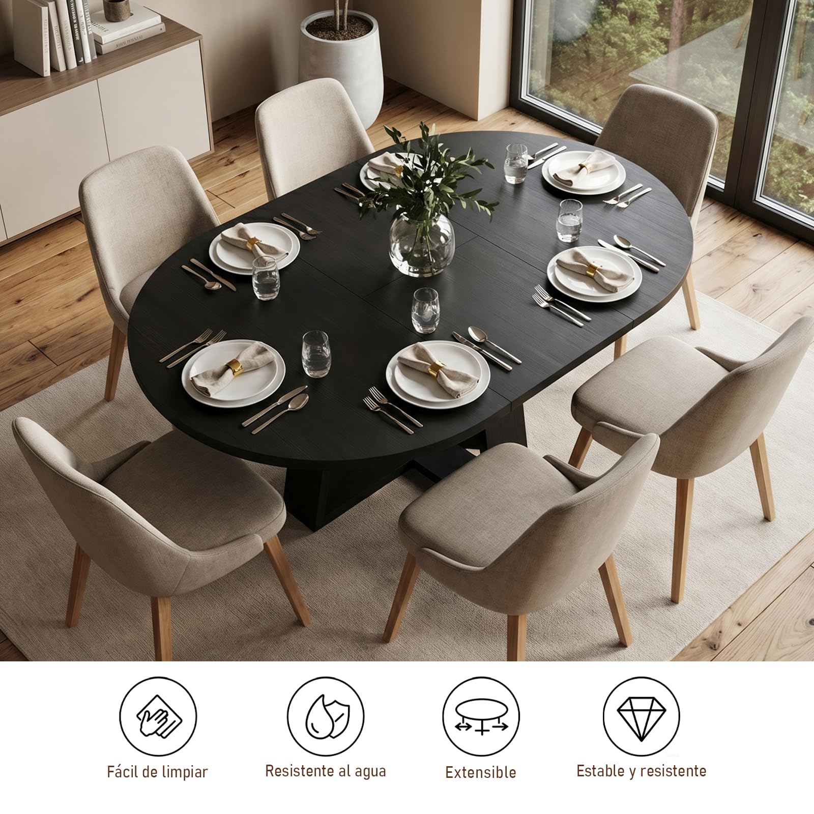 Comedor Mesa Extensible Redonda Madera con Estante, para 6-8 Personas