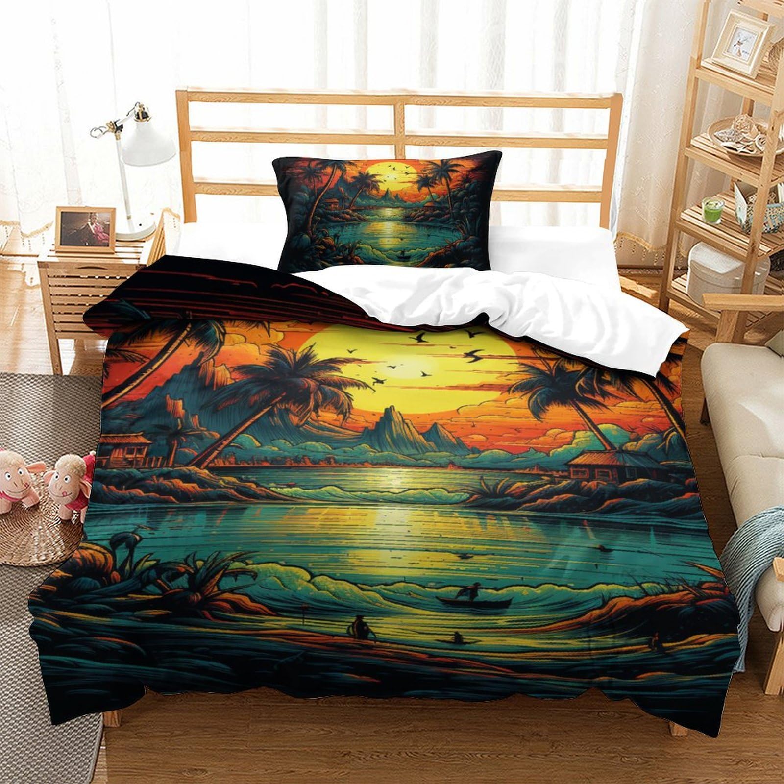 Housse de couette avec fermeture éclair motif plage 3D lit 1 personne 135x200