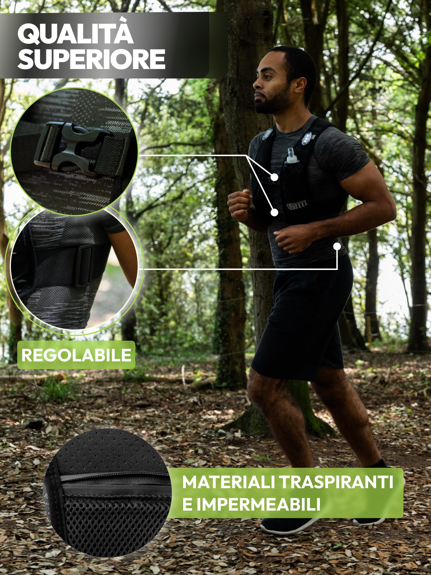 Giubbotto Running Idratante Riflettente LED Recheargeable, Porta Bottiglia d'acqua Regolabile, Gilet leggero, Borraccia Idratante 500 ML per Escursionismo, Trail