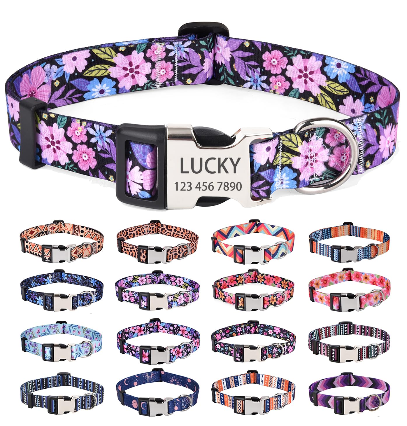 Personalized Dog Collars - Floral Collar Customized with Name and Phone Number - Adjustable Sizes for Small, Medium, and Large Dogs - 9 Colors for