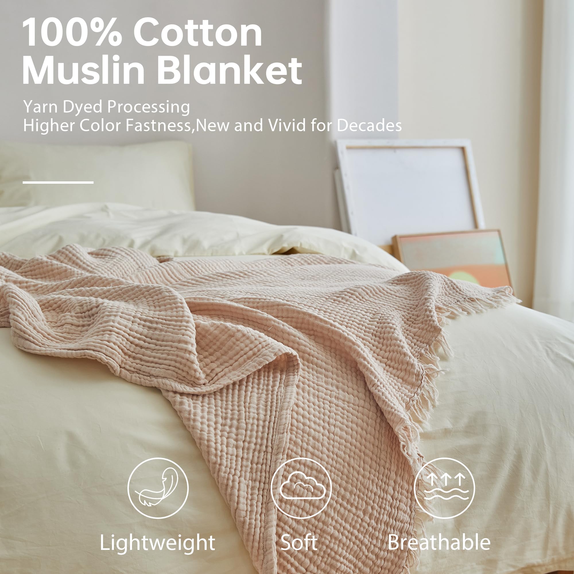 Simple&Opulence Cotton Muslin Throw Blanket For Bed, Couch, Knit Woven Gauze Blanket With Tassels, Soft Lightweight Cozy Pre-Washed Breathable Farmhouse Decoration For All-Season (Grey