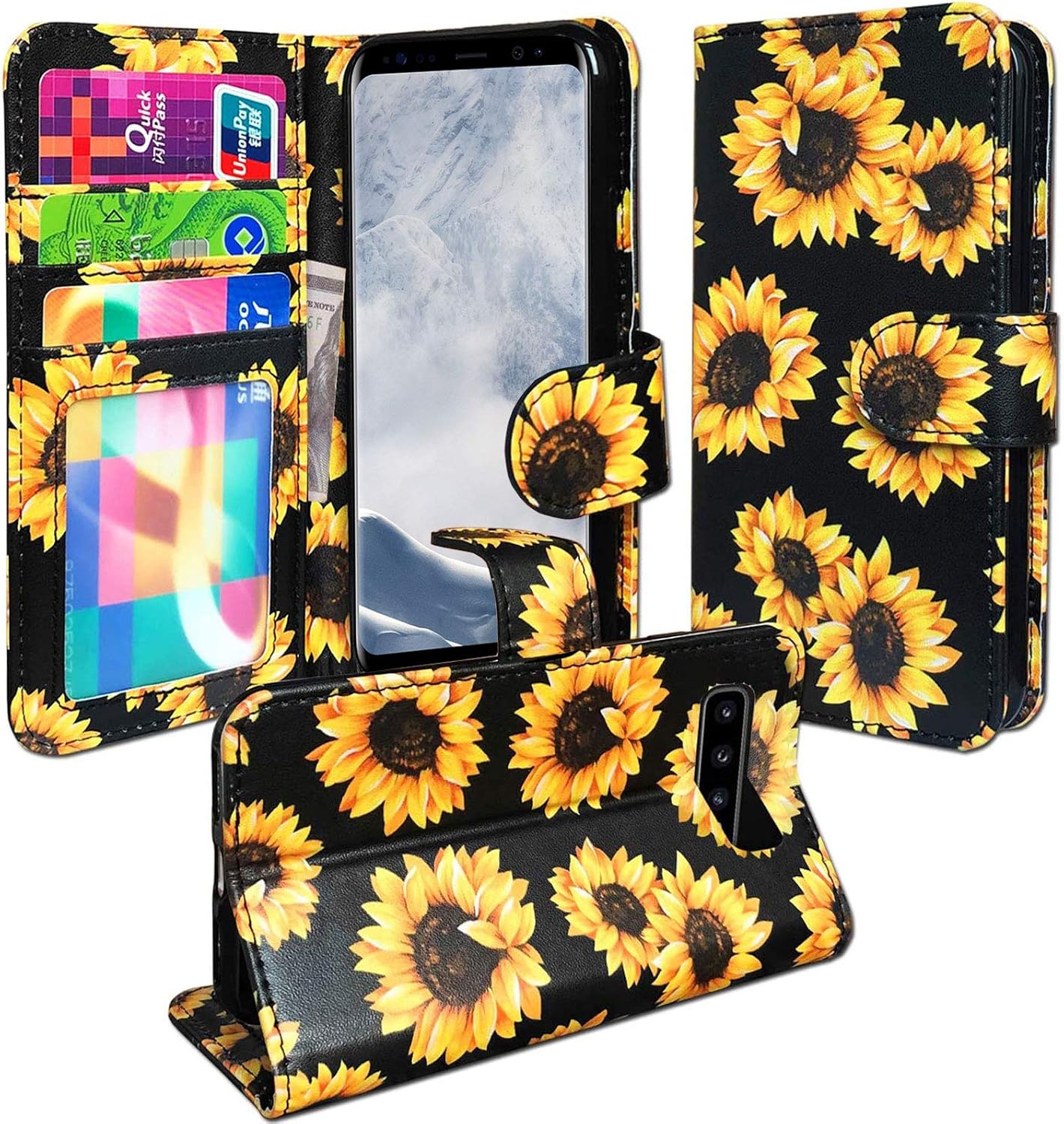 J.west Wallet Case for Galaxy S8 Case Luxury PU Leather Flip Folio Vintage Floral Sunflowers Design Case Cover Credit Card Holder/Slots Cash Pocket Kickstand Feature for Samsung Galaxy S8 5.8 inch