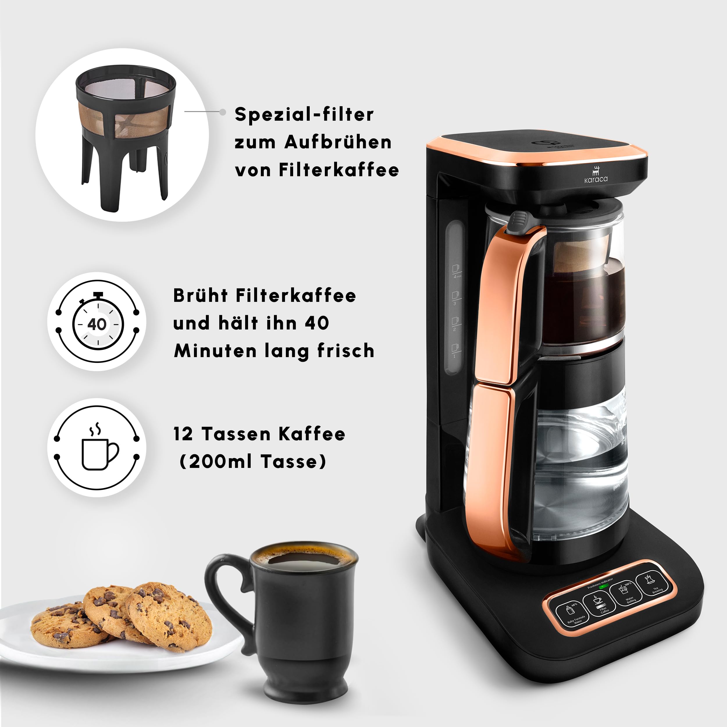 KARACA Çaysever Robotea Pro 4 in 1 Sprechender Automatischer Glas Teekocher, 2500W, 2,3L Kapazität, Frischeanzeige, Babynahrungswasserfunktion, Tee & Kaffee Zubereitung, Sicherheitsfunktionen