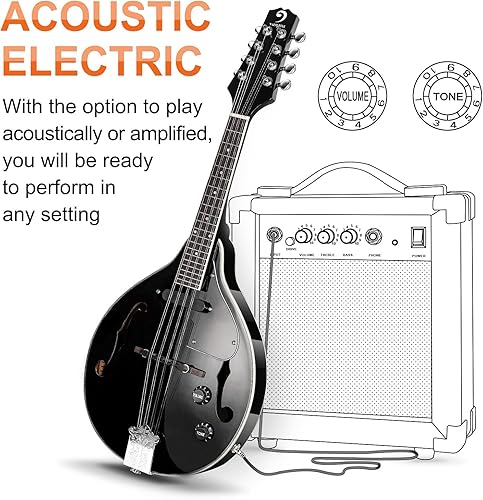 Vista 4 de Vangoa Instrumento de Mandolina de Caoba Eléctrico Acústico Estilo A, Mandolina Musical para Principiantes, Adultos, Adolescentes, Niños, Negro