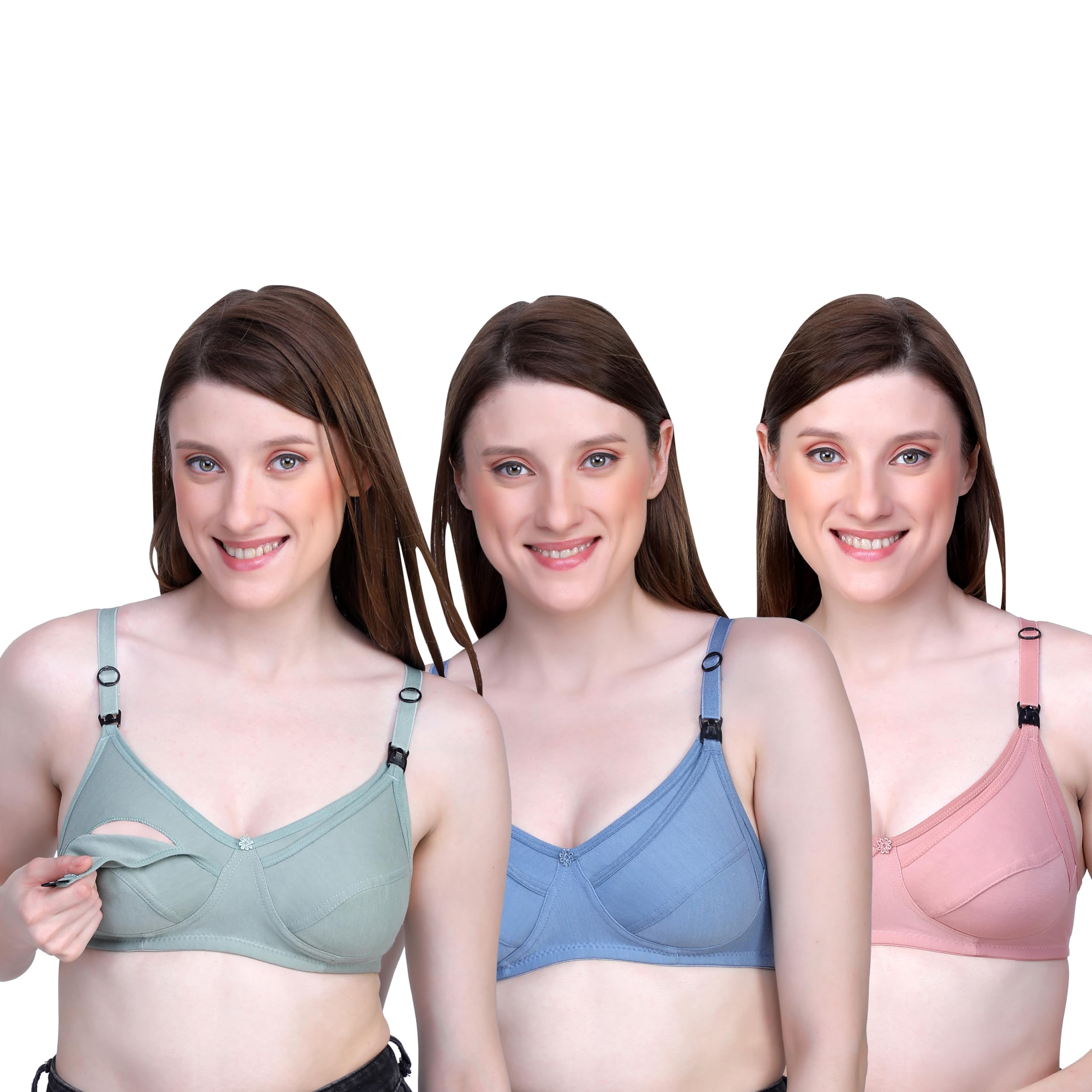 Maya Beauty Women’s Cotton Feeding Bra/Nursing Bra Non Padded Wire Free Maternity Bra Pack of 3 (in, Numeric, 44, 44, B, 44, Regular, Pink/Green/Blue)-picture-11