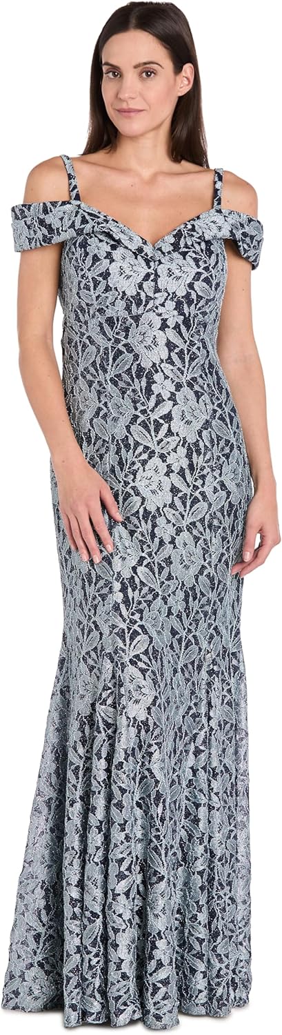 R&M Richards Women's Long Off the Shoulder 2 Tone Glitter Lace Mermaid Gown W/Straps