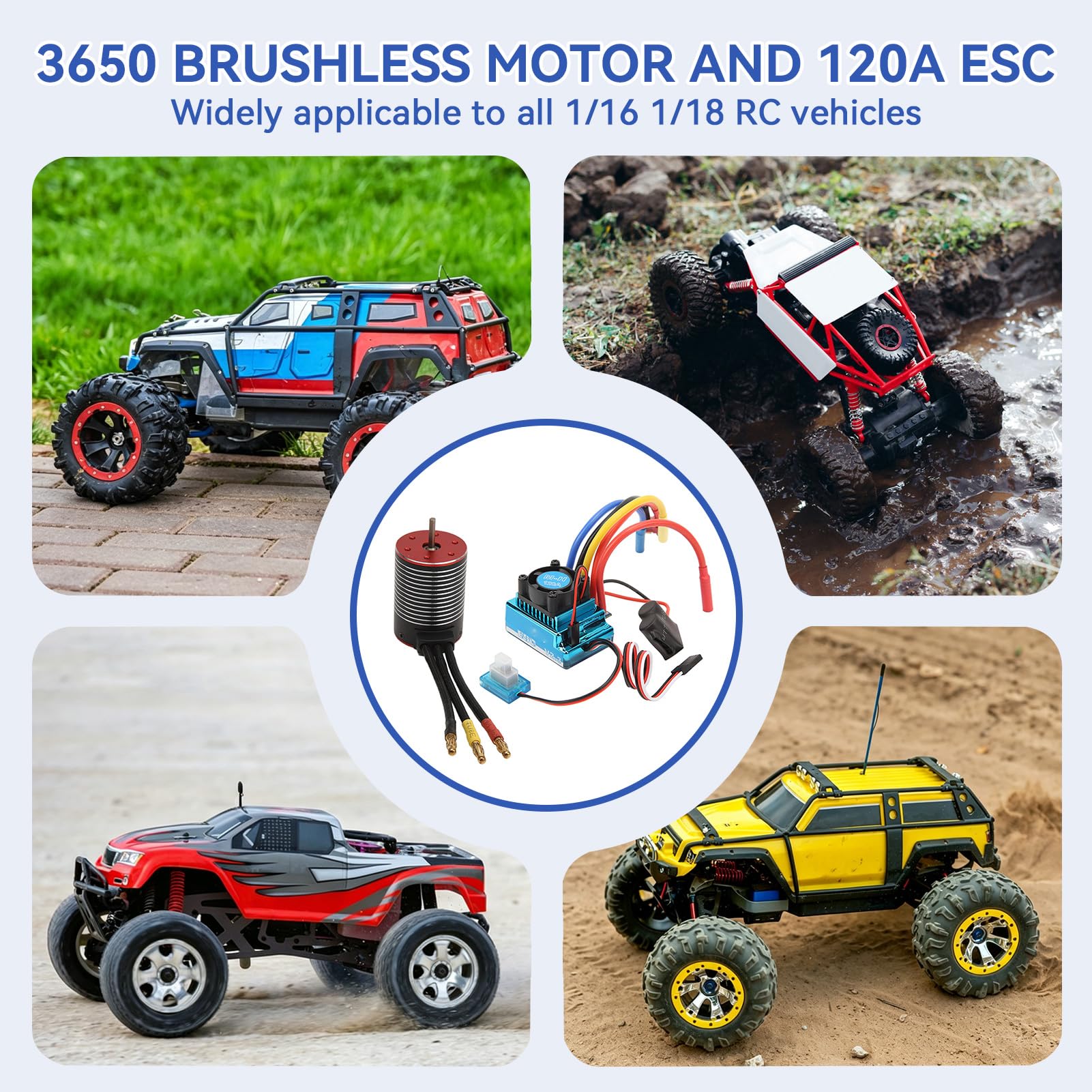 HERCHR Set di ESP del Motore Senza spazzole RC, 3650 Brushless Acqua Controller a velocità elettrica 120A Set di Accessori ad Alto Upgrade per Auto RC (5200KV)