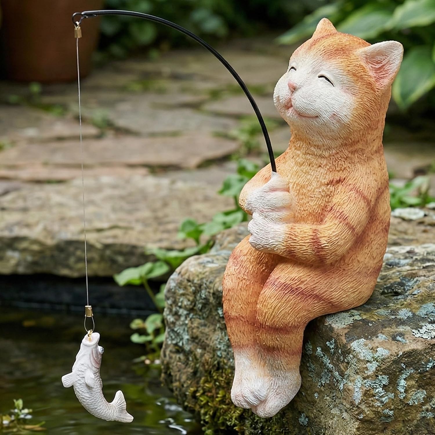 Elenon Fishing Cat Garden Statue, 9" Cat with Pole Decor for Koi Pond Waterfalls, Adorable Flower Bed Outdoor Yard Patio Art Decorative Sculptures Table Ornament