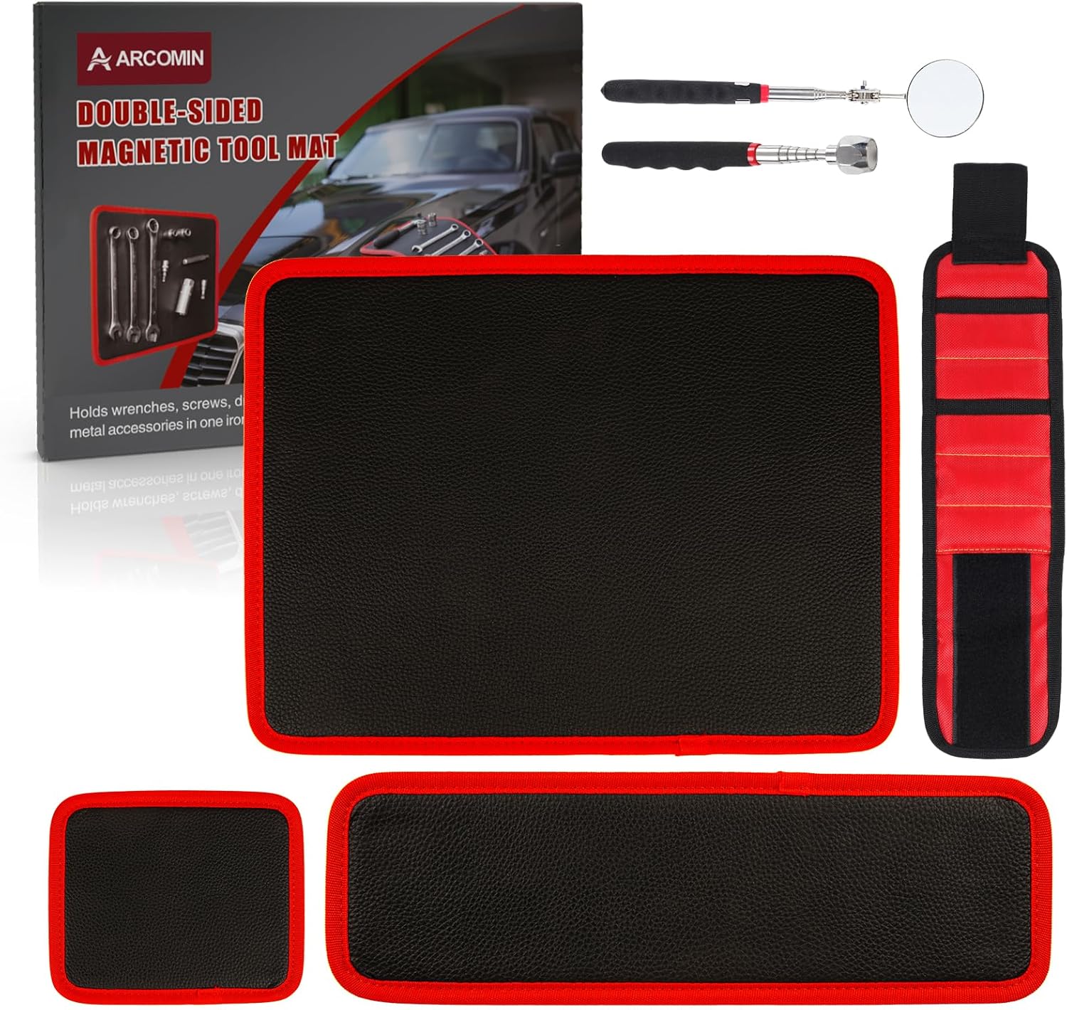 ‌Arcomin Magnetic Tool Mat Set with Magnetics Wristband, Magnetic Pickup Tool & Inspection Mirror Included, Workshop Organizer for Garage & Auto Repair